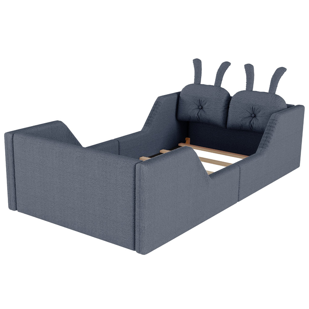 Twin Size Upholstered Platform Bed with Rabbit Cushion, Kids Floor Upholstered Bed with Removable Side Rails, Gray(Expect Arrival Date 2025/1/15)