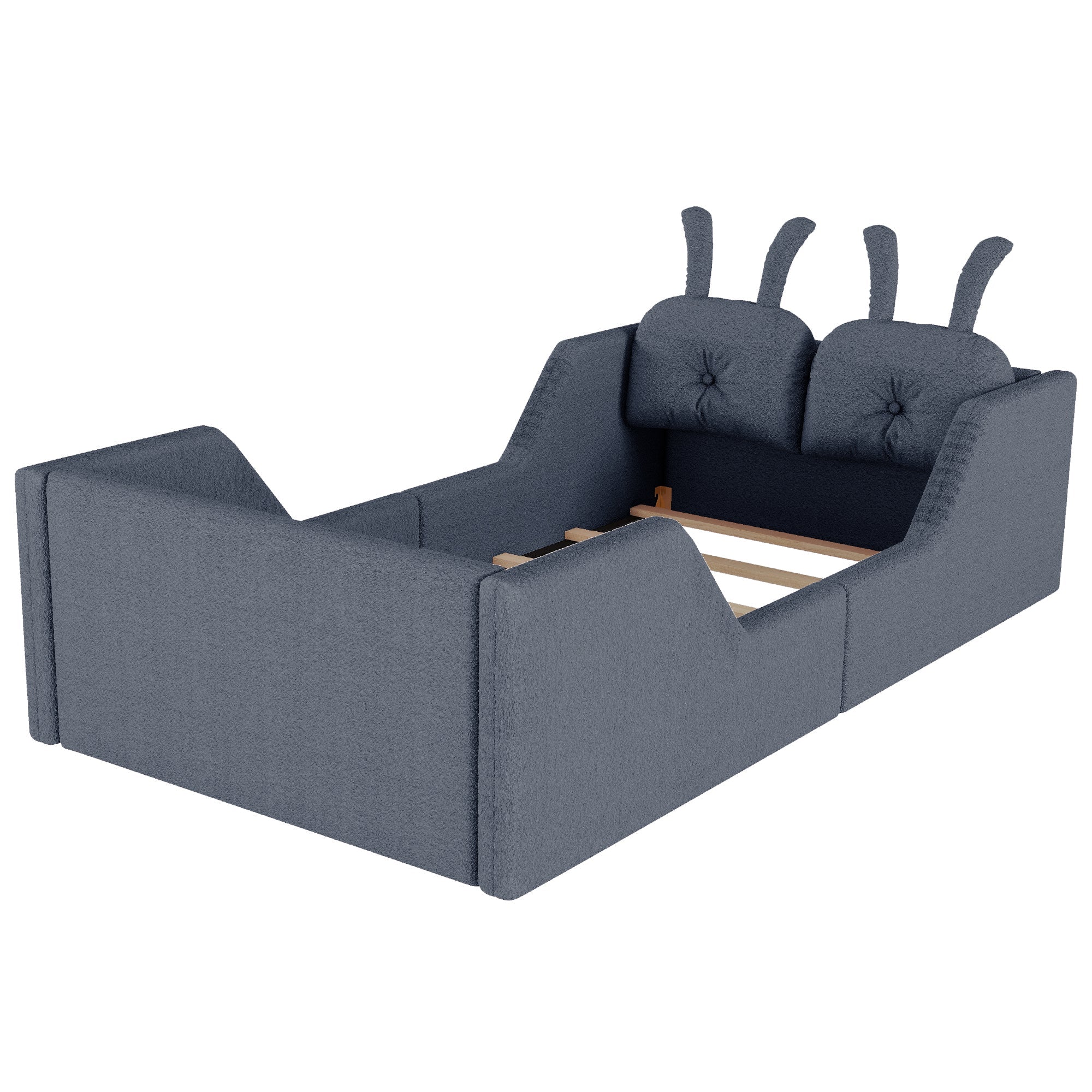 Twin Size Upholstered Platform Bed with Rabbit Cushion, Kids Floor Upholstered Bed with Removable Side Rails, Gray(Expect Arrival Date 2025/1/15)