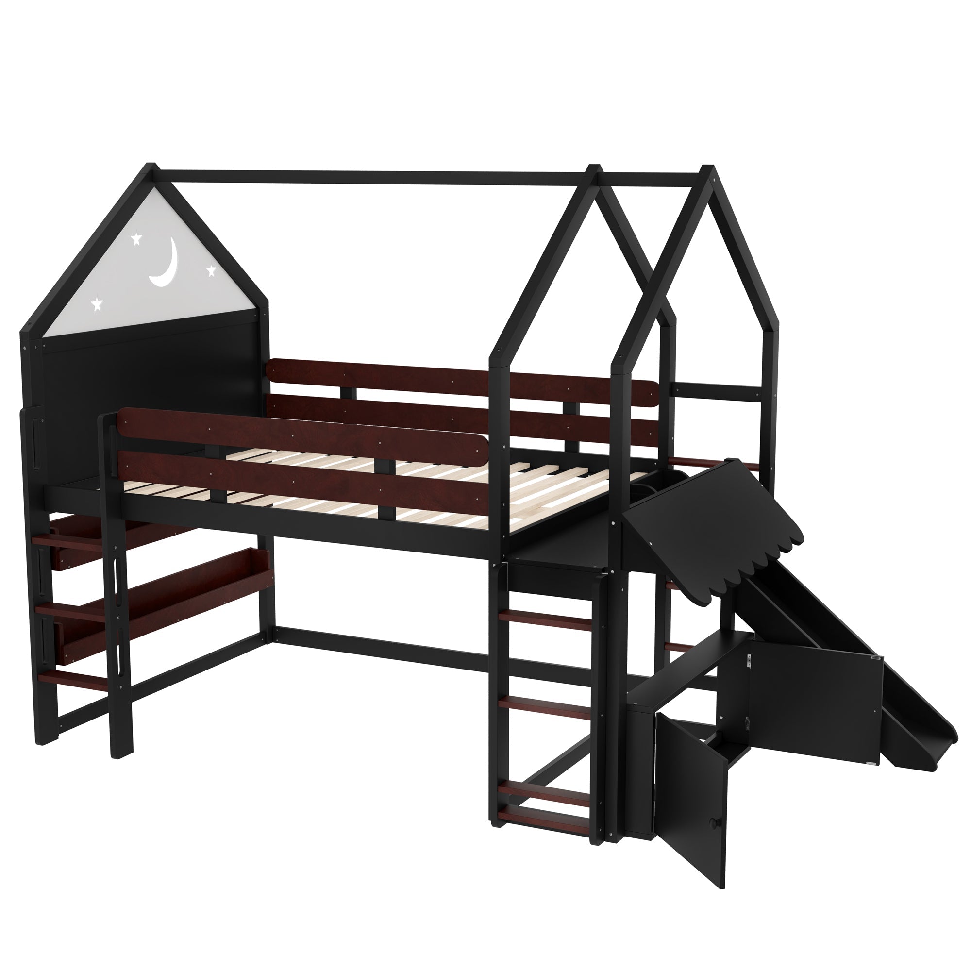 Full Size Loft Bed with Bookshelf Playful Design for Kids House-Shaped Structure with Slide High-Quality Safety Rails,Black.