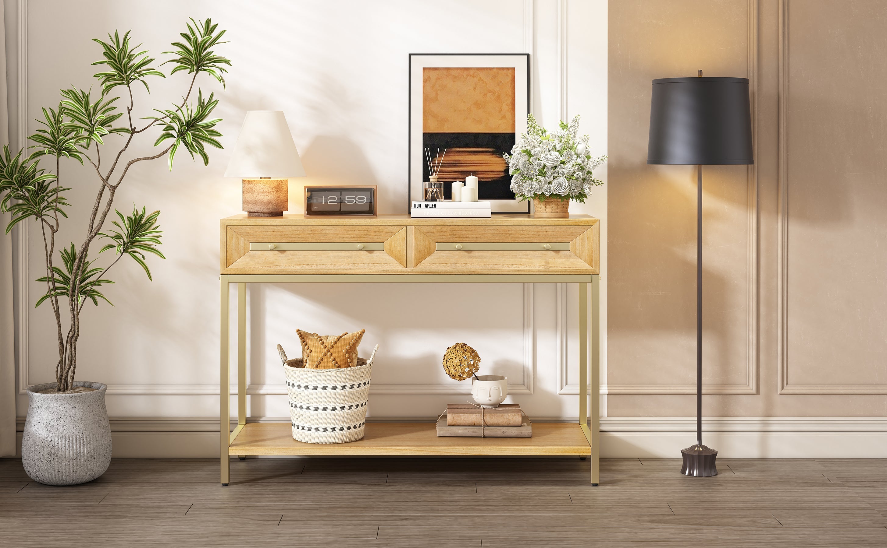 TREXM Entryway Table, Console Table with Two Drawers, Retro Hallway Table with Striking Geometric Design for Entryway and Living Room (Natural)