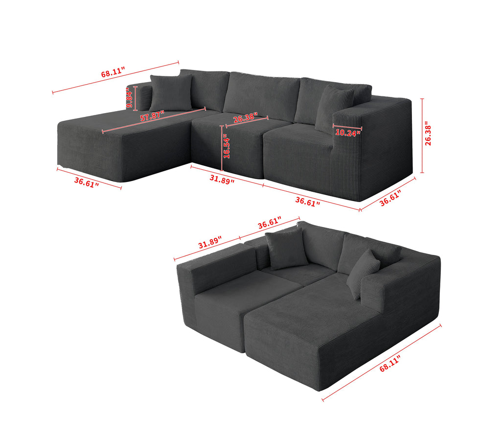 H613 Sectional Sofa and Module, Mid-Century Modern L Shaped Couches 3-Seat Sofa for Living Room Grey Left