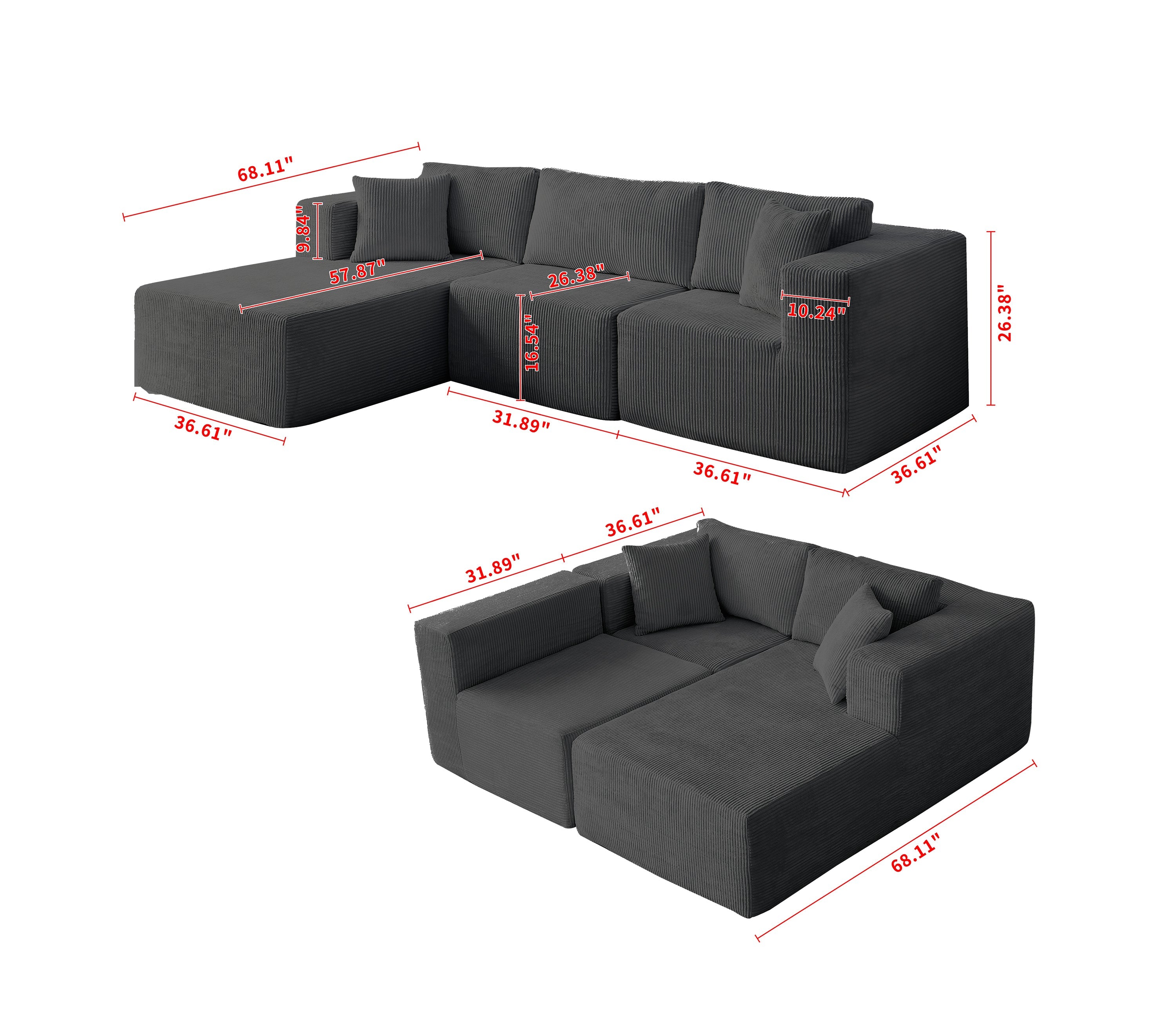 H613 Sectional Sofa and Module, Mid-Century Modern L Shaped Couches 3-Seat Sofa for Living Room Grey Left