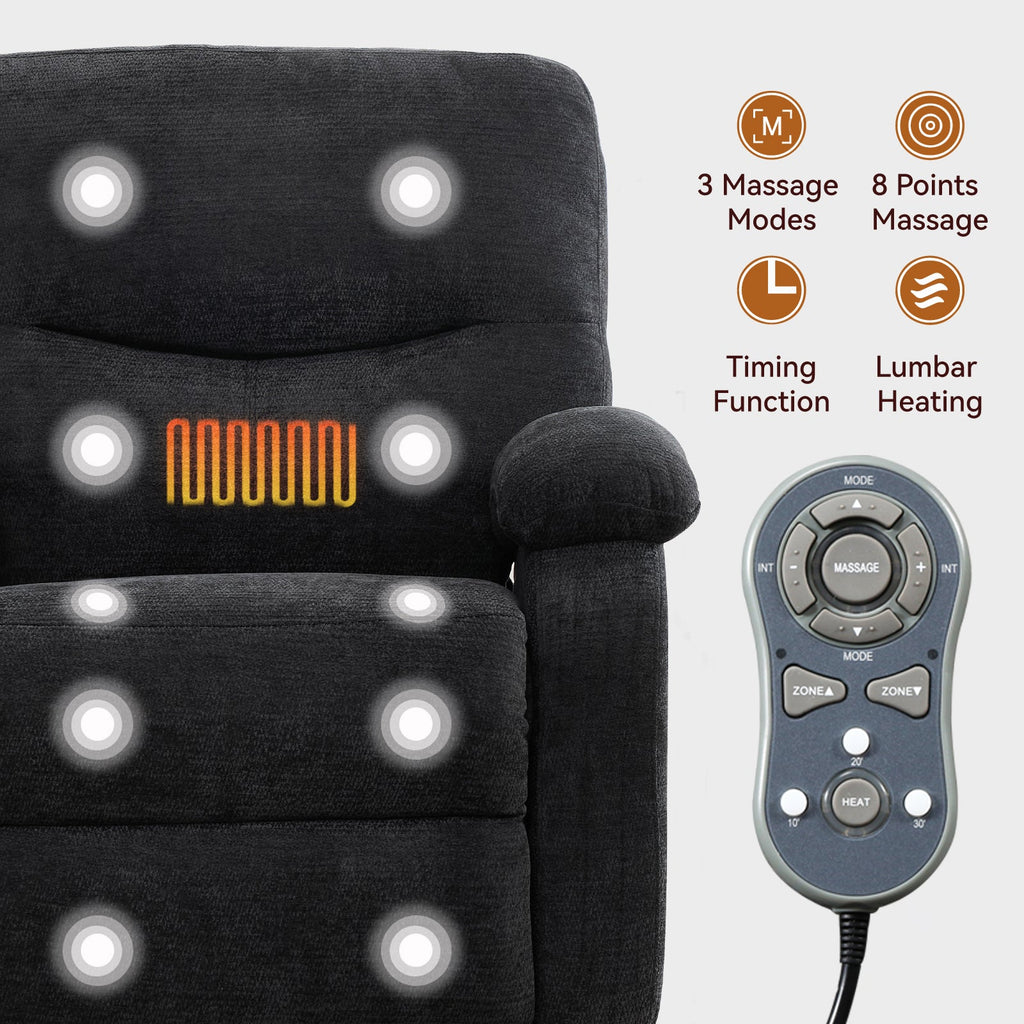 Hot massage manual lounge chair, with rocker arms and rotating fabric, with cup bucket, for living room, black
