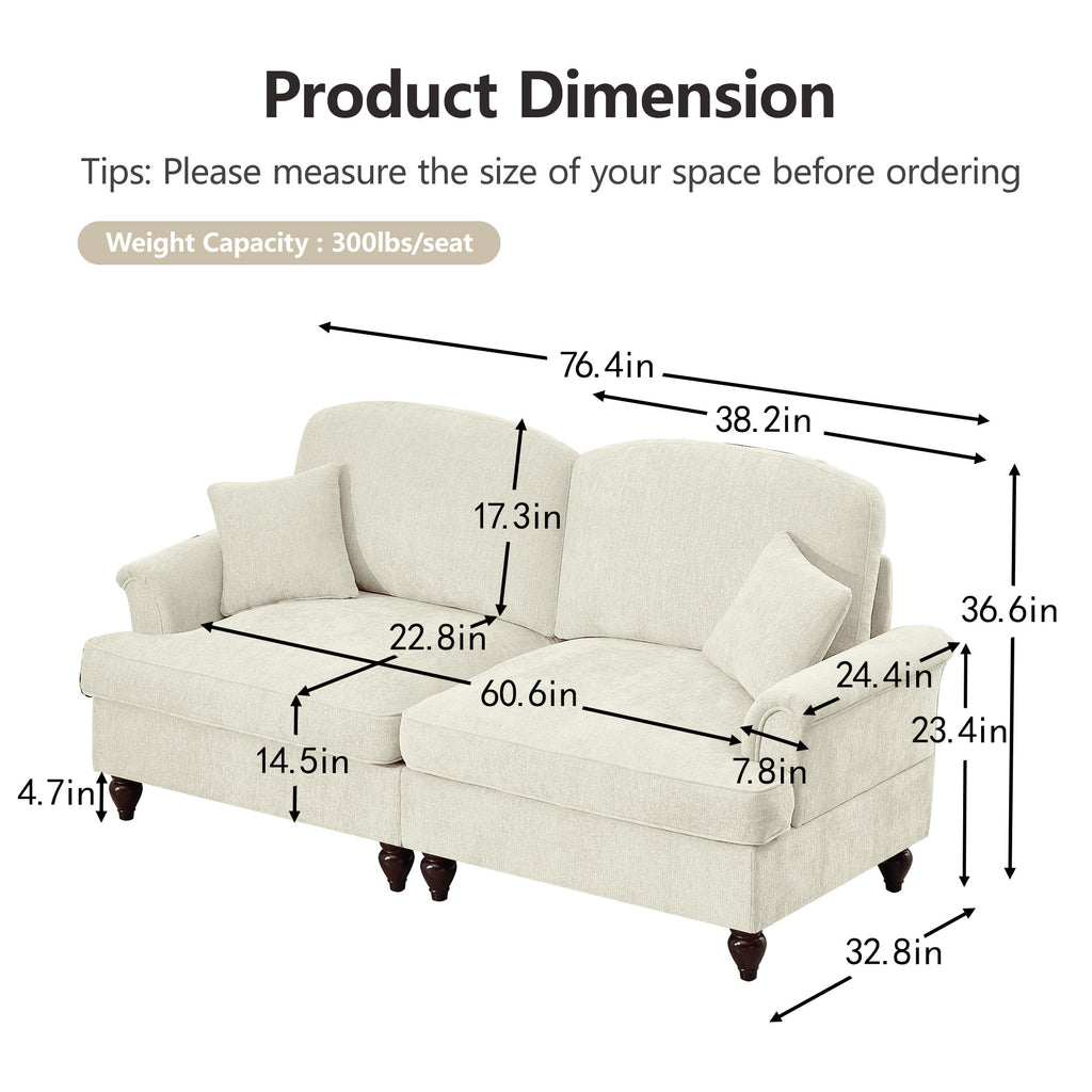 Classic 2 Piece Modular Couch Living Room Sofa Set with Flared Arms and Removable Ruffles Pleats Skirts and Spindle Legs, 2 Seater Sofa + 2-Seat Loveseat Sofa Sets for Living Room, Beige White