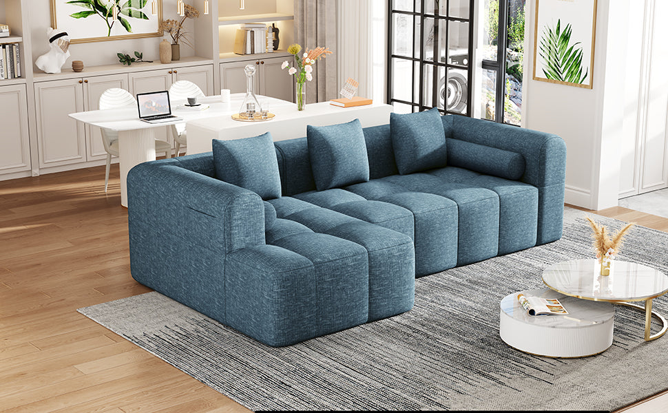 Modern Modular Sofa with Deep Seating, Two Side Pockets, and Plush Pillows in Blue Chenille Fabric, 101.2'