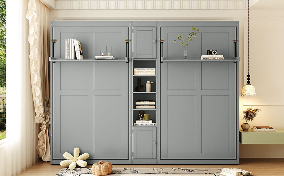 Dual Twin size Wall Murphy Beds with Cabinets and Shelves, Gray