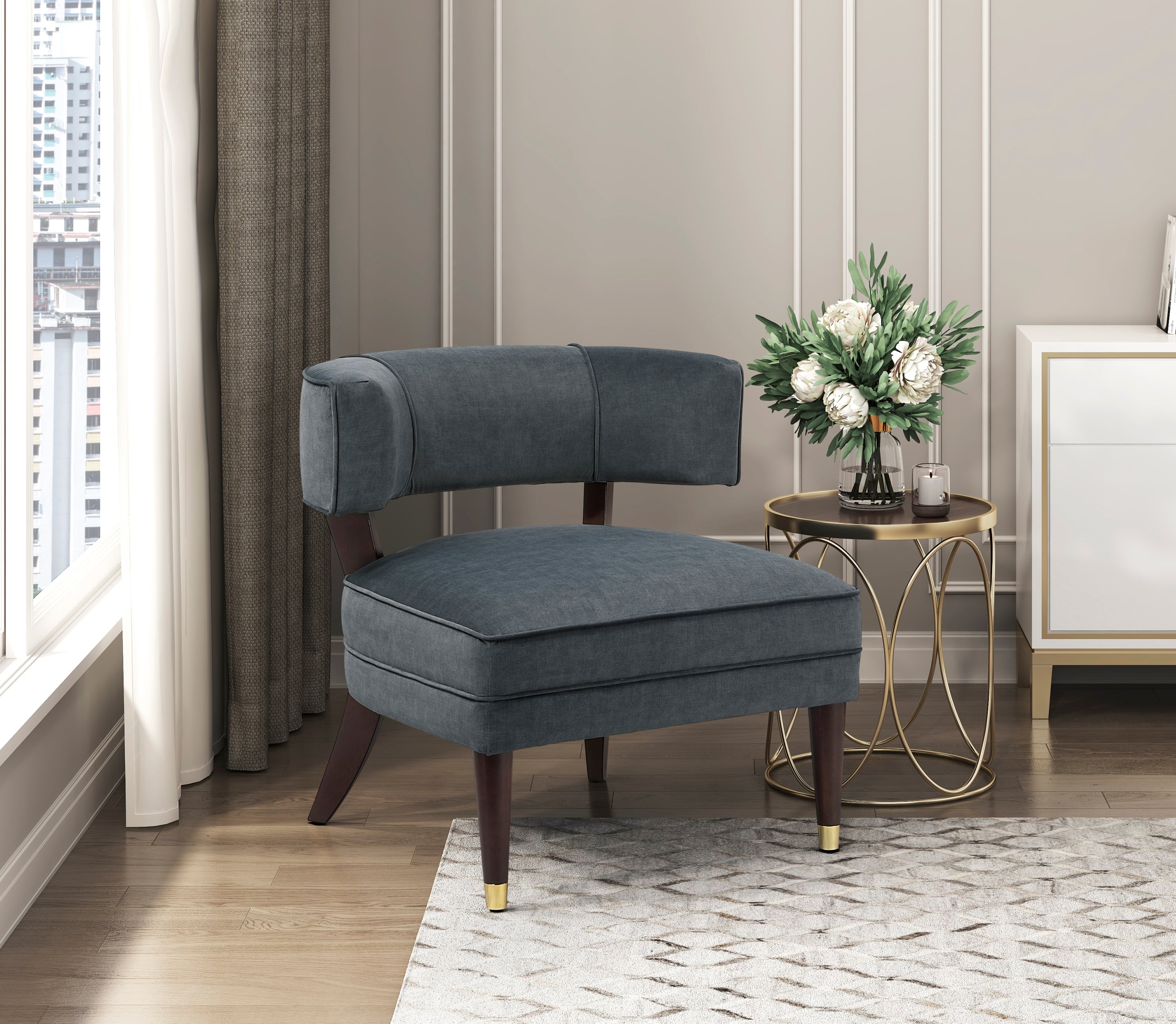 Elegant Style Accent Chair Dark Gray Velvet Upholstery Barrel-Back Solid Wood Luxury Living Room Furniture 1pc