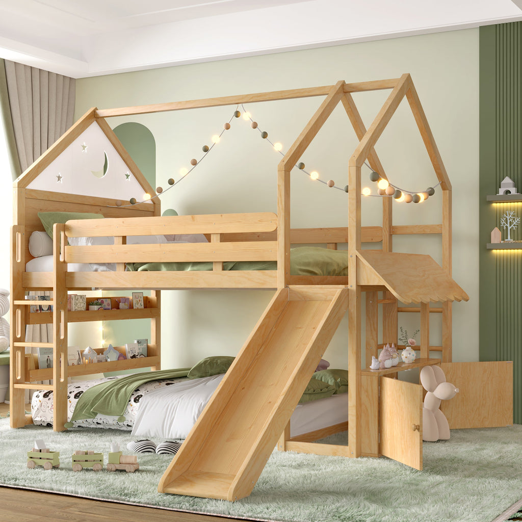 Full Size Loft Bed with Bookshelf Playful Design for Kids House-Shaped Structure with Slide High-Quality Safety Rails,Natural