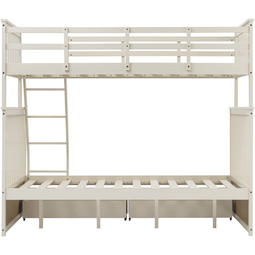 Twin Over Full Bunk Bed with Storage Drawers, Wooden Bunk Bed with Ladder and Safety Guard Rails –Cream
