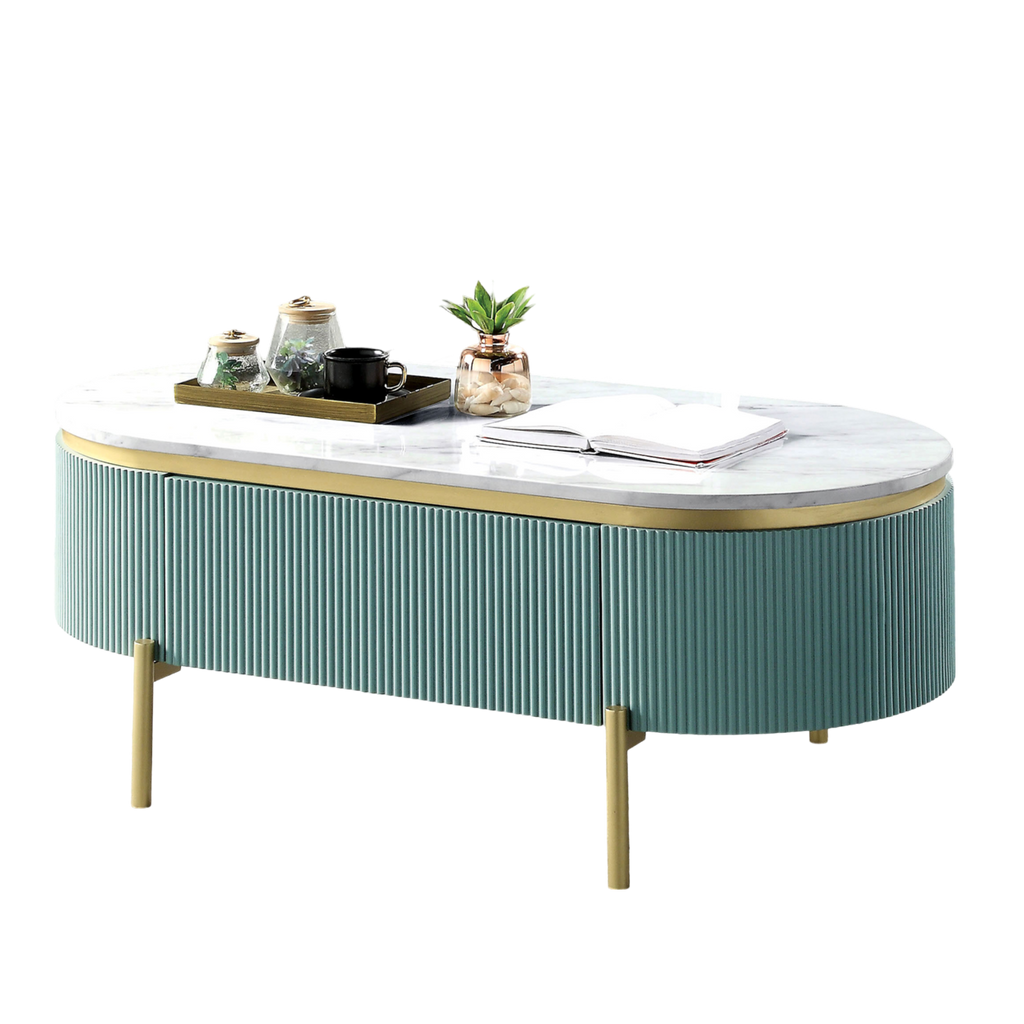 Glam Contemporary Light Teal 1pc Coffee Table White Faux Marble Top Living Room Table W Drawer