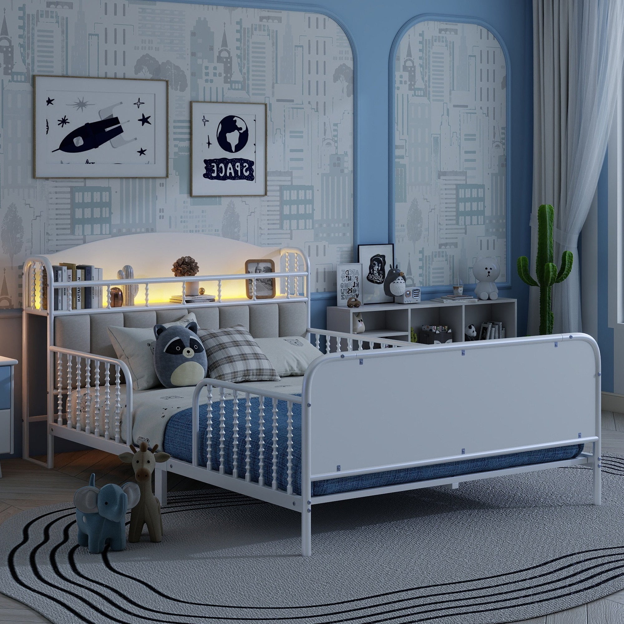 Full Size Metal Platform Bed Frame with Light, Kids Full Metal Bed with Upholstered and Storage Headboard, White (Expect Arrival Date 2025/10/5)
