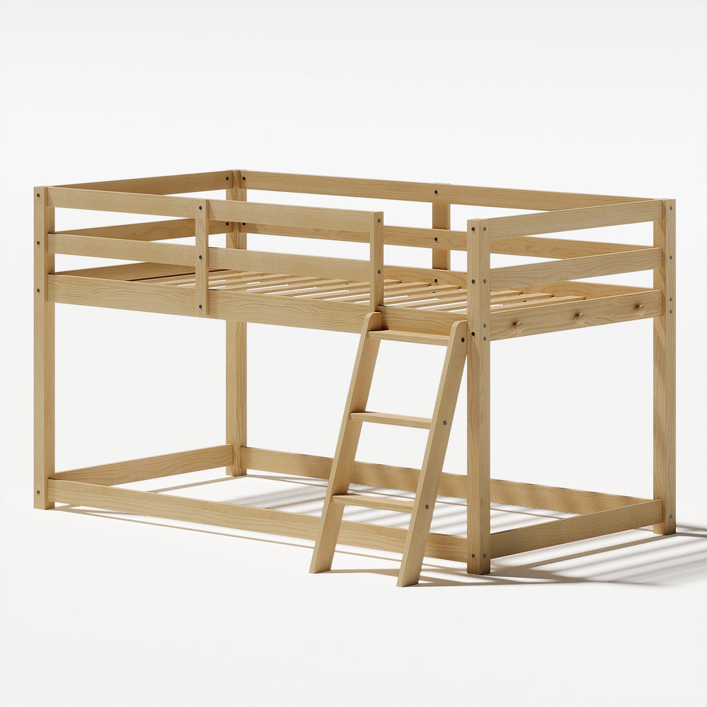 Kids Twin Low Loft Bed - Convertible to Bunk Bed, Solid Wood Modern Bed Frame with LED Strip Lighting, OAK.
