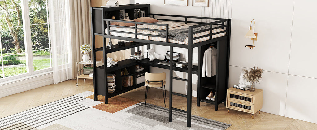 Metal Loft Bed with Wardrobe And L-shaped Desk, Full Size Loft Bed with Storage Cubes and Shelves, Heavy Duty Loft Bed for Kids Teens Adults, Black