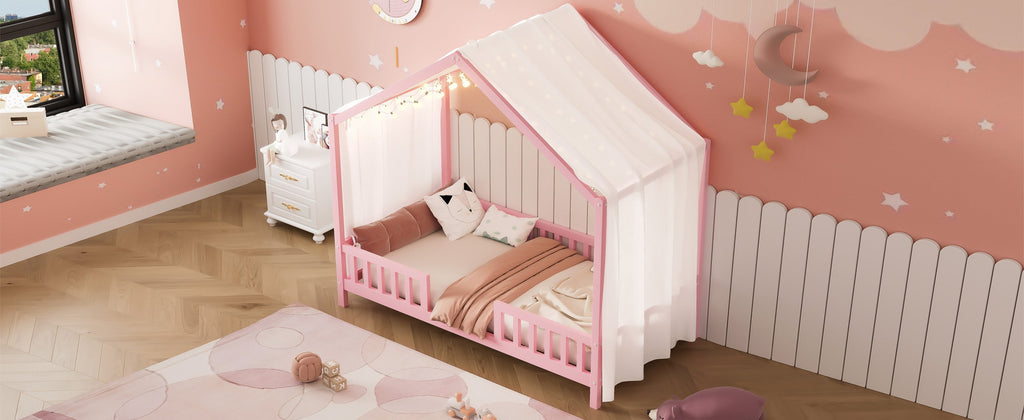 Montessori Floor Bed with Canopy, Twin Bed Frame for Kids, House Shape Kids Bed Frame with High Railings, Wood Kids Bed with Roof, Kid Twin Bed, Pink