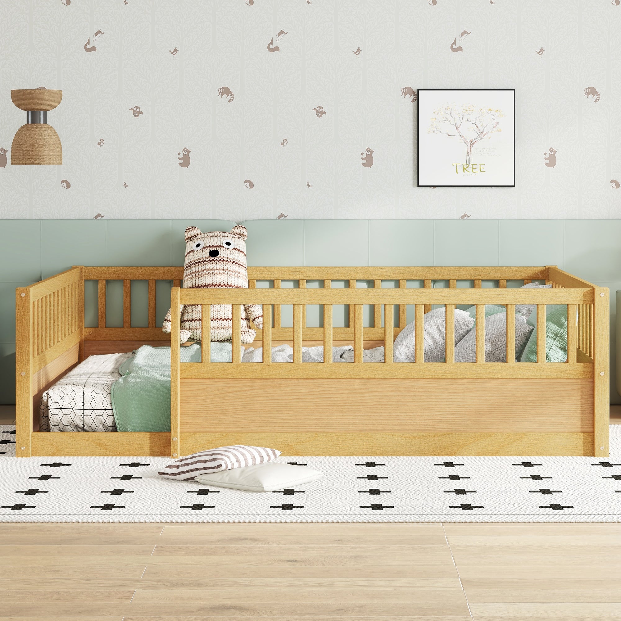 Full Floor Bed Frame with Fence, Montessori wooden children's floor bed,Wood Kids Floor Beds Frame for Bedroom Playroom,Natural