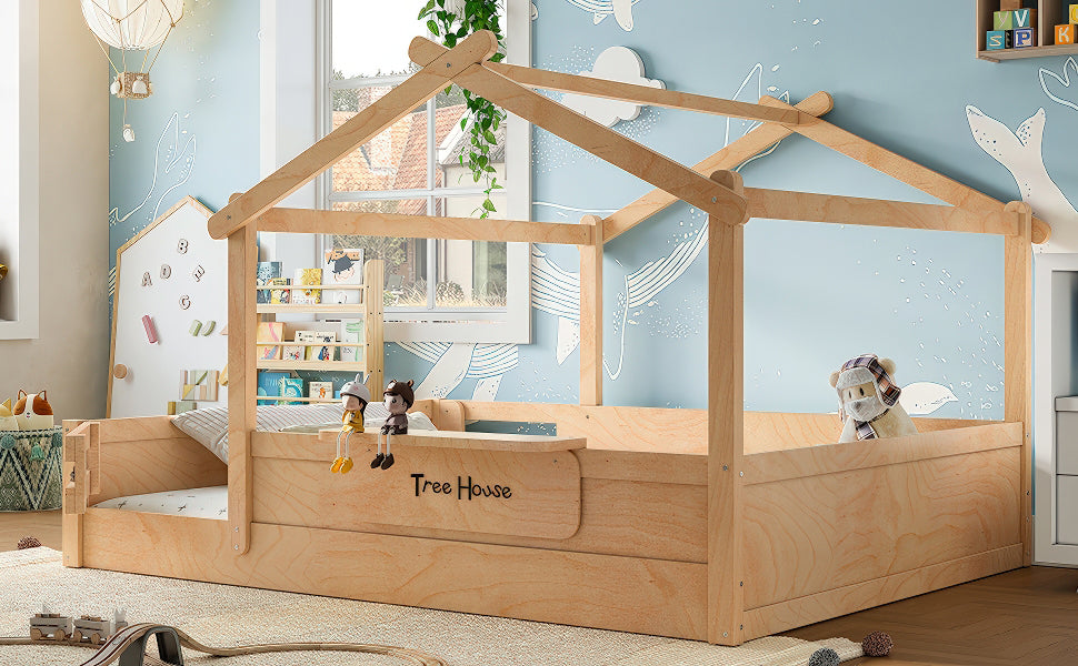Queen Size Floor Bed with Guardrails and Roof, Kids House Floor Bed with a Small Built-in Tray and Free-installed Signboard, Childlike Design,Natural