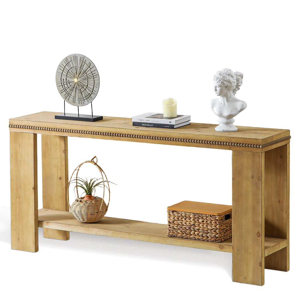 63' Boho Console Table with Storage Shelf – Rustic Farmhouse Sofa Table with Beaded Trim, 2-Tier Narrow Entryway Table for Hallway, Foyer, or Behind Couch
