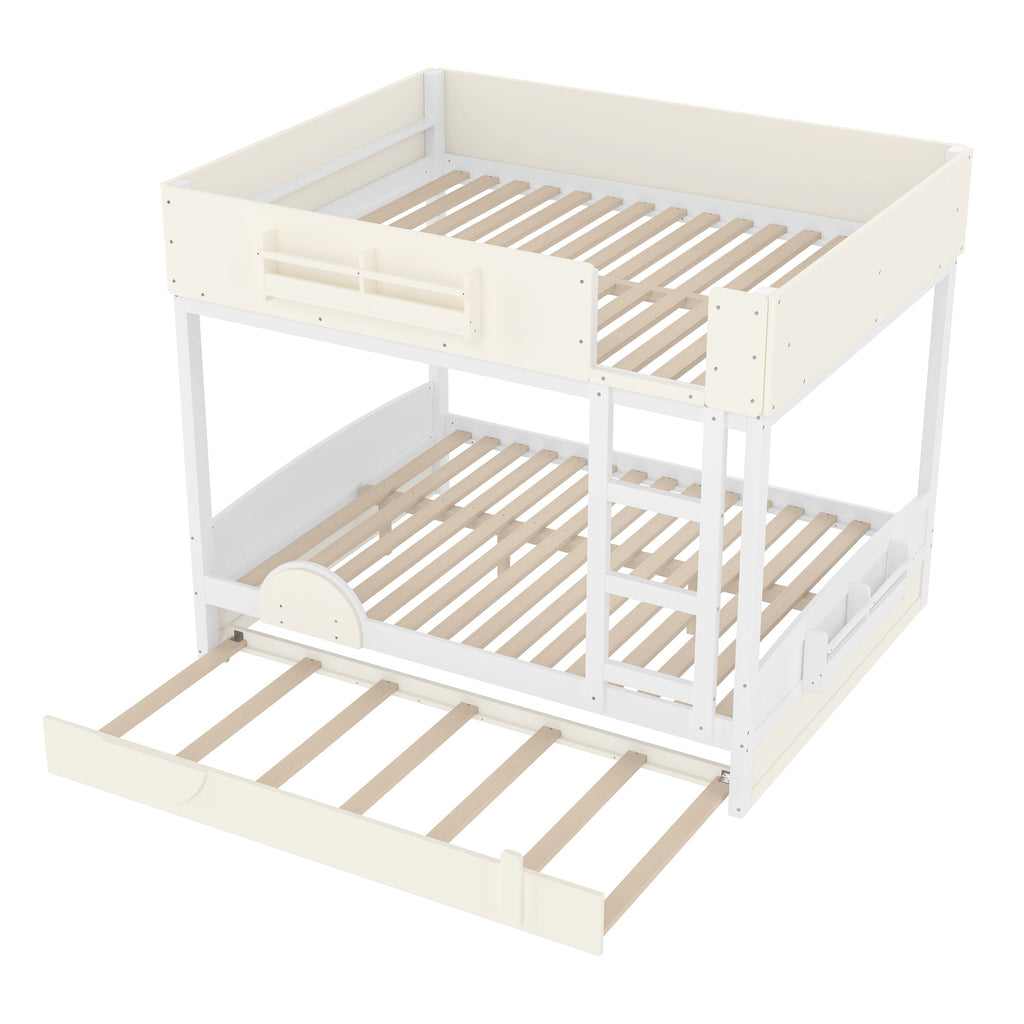 Queen Bunk Bed with Trundle , Wood Bunk Bed Frame with Built-in Bookshelf and High-quality Safety Guardrail,Automobile Form Design for Kids ,White＆ Beige.