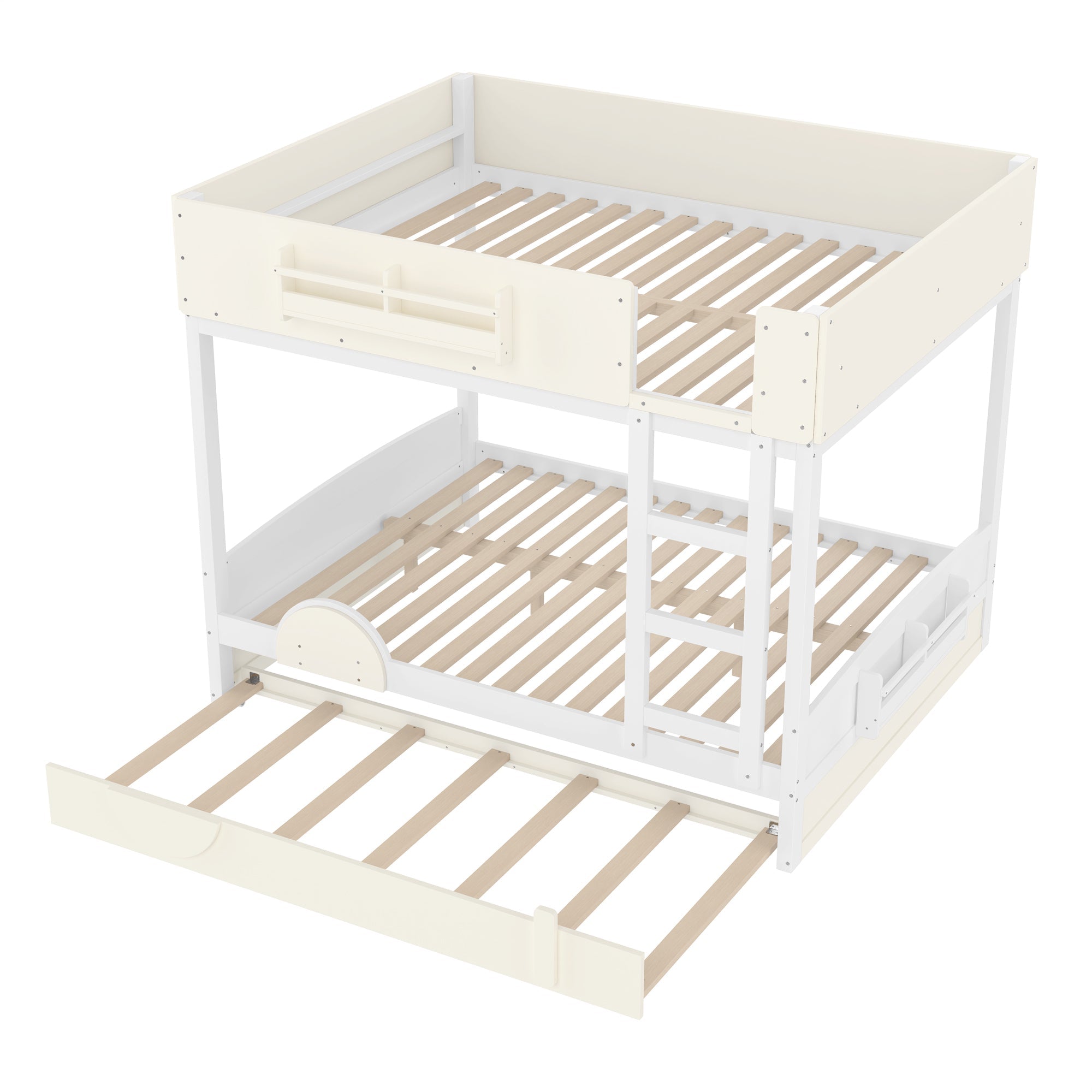 Queen Bunk Bed with Trundle , Wood Bunk Bed Frame with Built-in Bookshelf and High-quality Safety Guardrail,Automobile Form Design for Kids ,White＆ Beige.