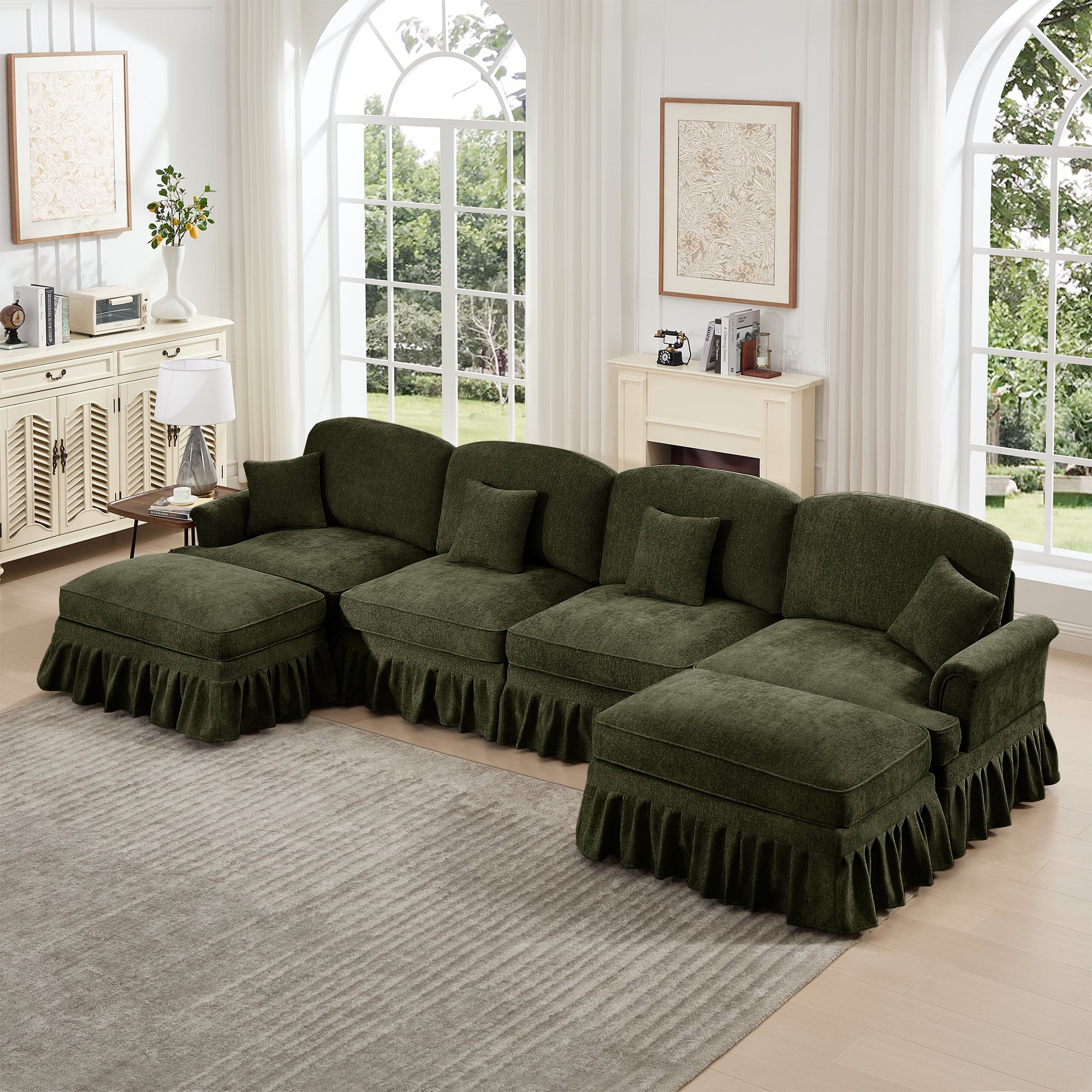 Classic U Shape 4 Seater Modular Sectional Sofa Couch with Flared Arms and Removable Ruffles Pleats Skirts and Spindle Legs, Chenille Deep Seat Cloud Sofa with Movable Ottomans, Green
