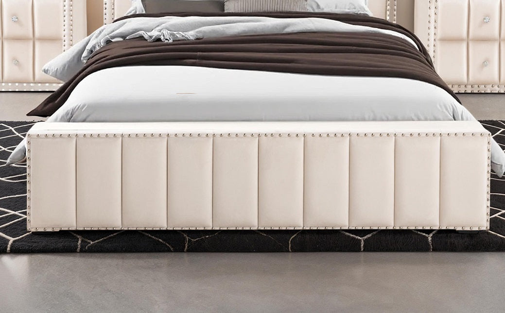 Queen Size Bed 2x Nightstands Bedroom Furniture Contemporary Beige Fabric Upholstered Bedframe w LED Nailhead Trim 3pc Bedroom Set