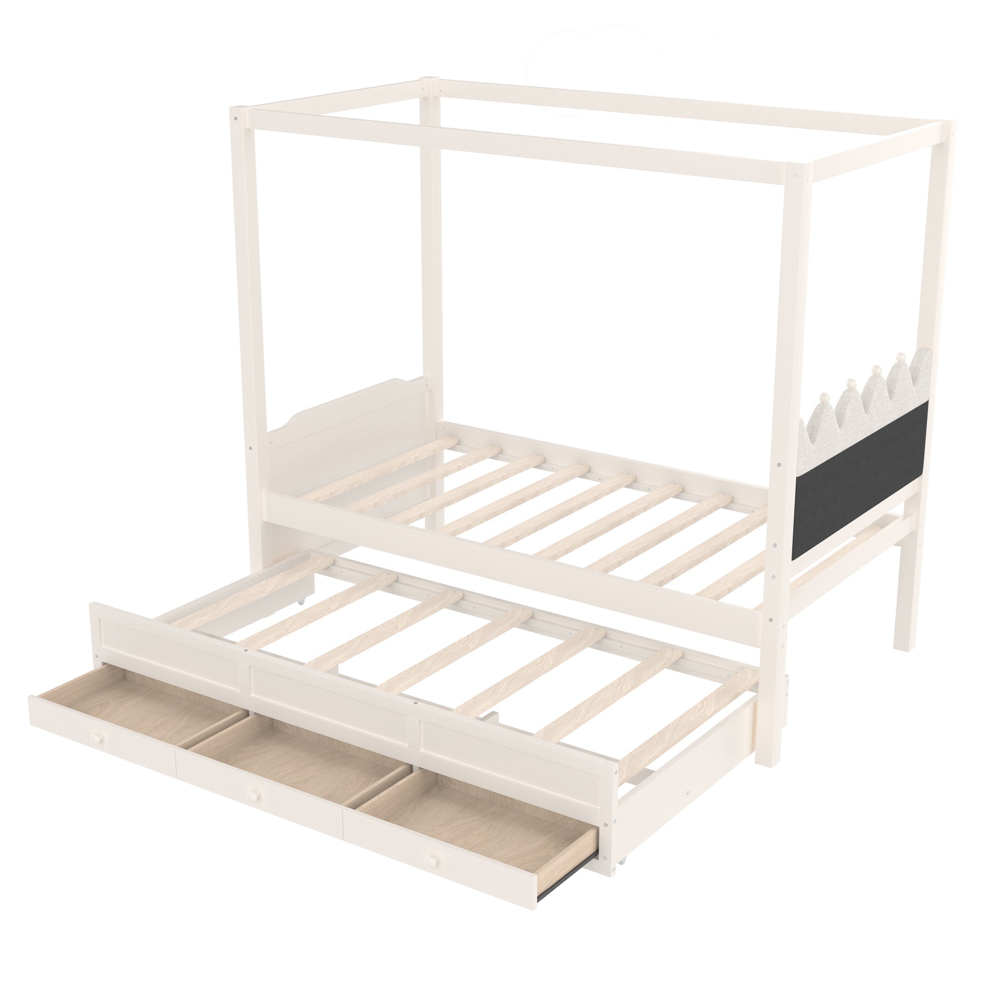 Twin Platform Bed with Upholstered Headboard,Twin Size Trundle and 3 Drawers,Princess Canopy Bed Frame for Kids,Storage & Easy Assembly,Beige