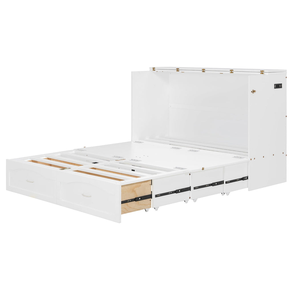 Queen Size Murphy Bed Wall Bed with drawer and a set of Sockets & USB Ports, Pulley Structure Design, White(OLD SKU: LP100671AAK)