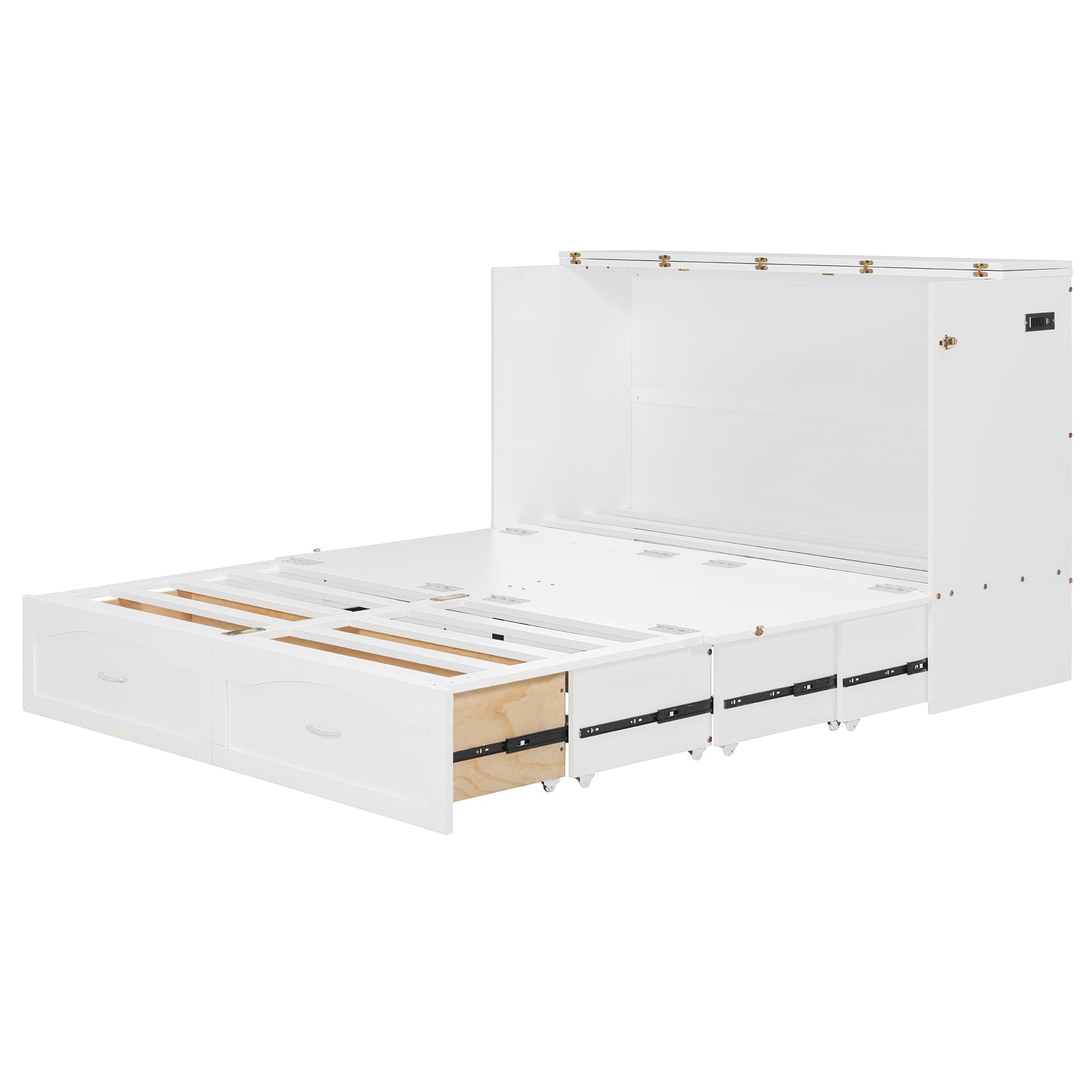 Queen Size Murphy Bed Wall Bed with drawer and a set of Sockets & USB Ports, Pulley Structure Design, White(OLD SKU: LP100671AAK)