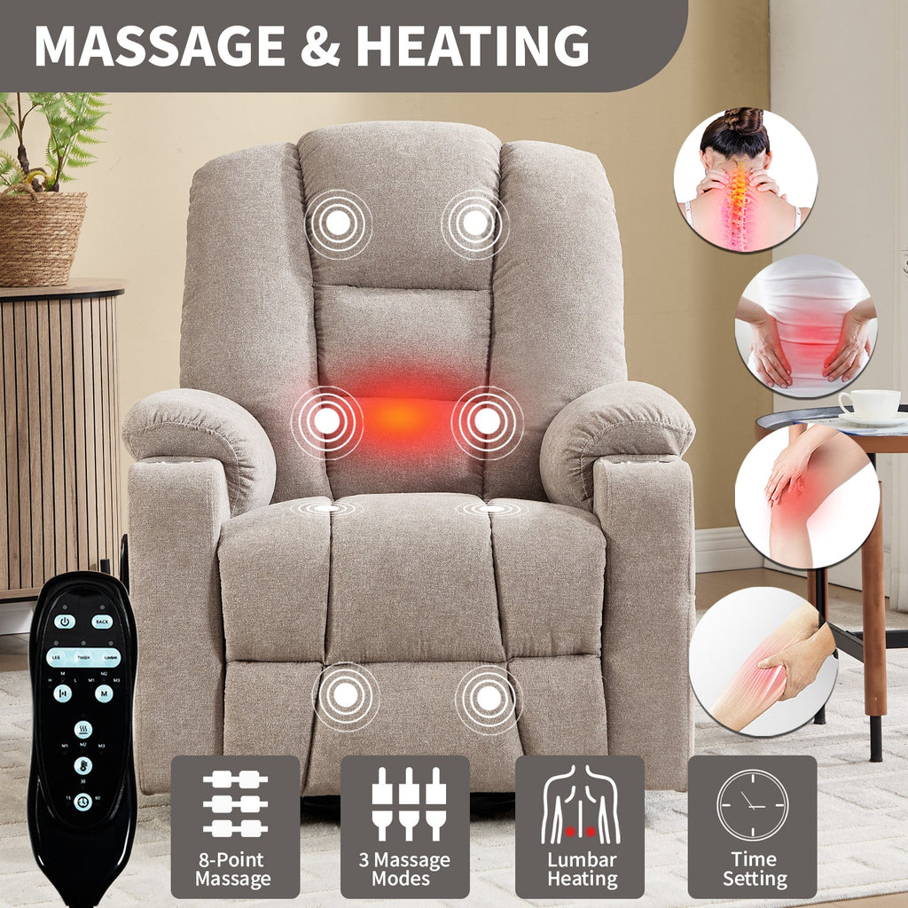 Power Lift Recliner Chair with Massage and Heat for Elderly, Overstuffed Wide Recliners, Heavy Duty Motion Mechanism with USB and Type C Ports, 2 Steel Cup Holders, Khaki
