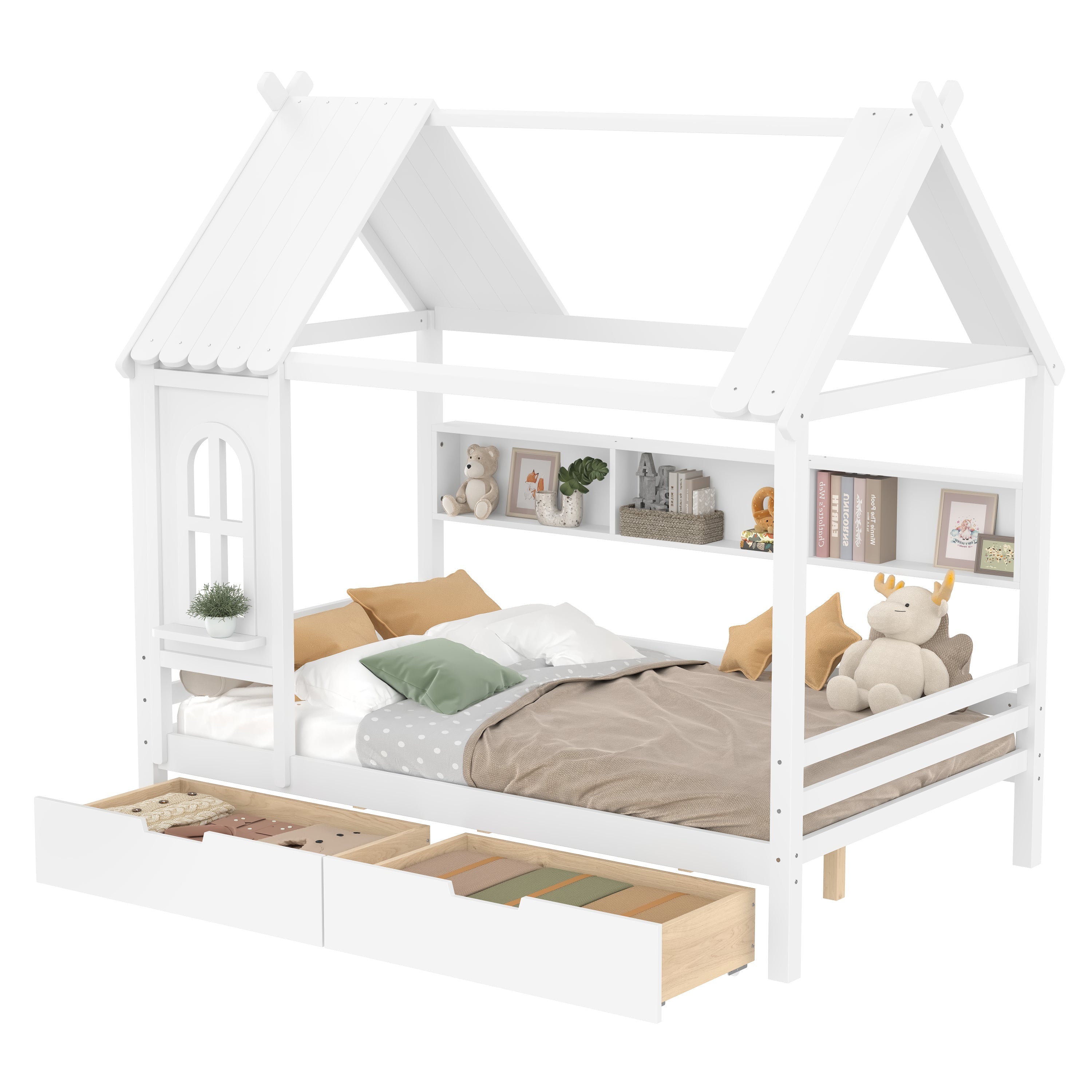 Full house Beds with Storage Drawers and Window, Solid Wood House Platform Bed Frame with shelves, for Kids, Girls, Boys, No Spring Box Needed and Childlike Design, White