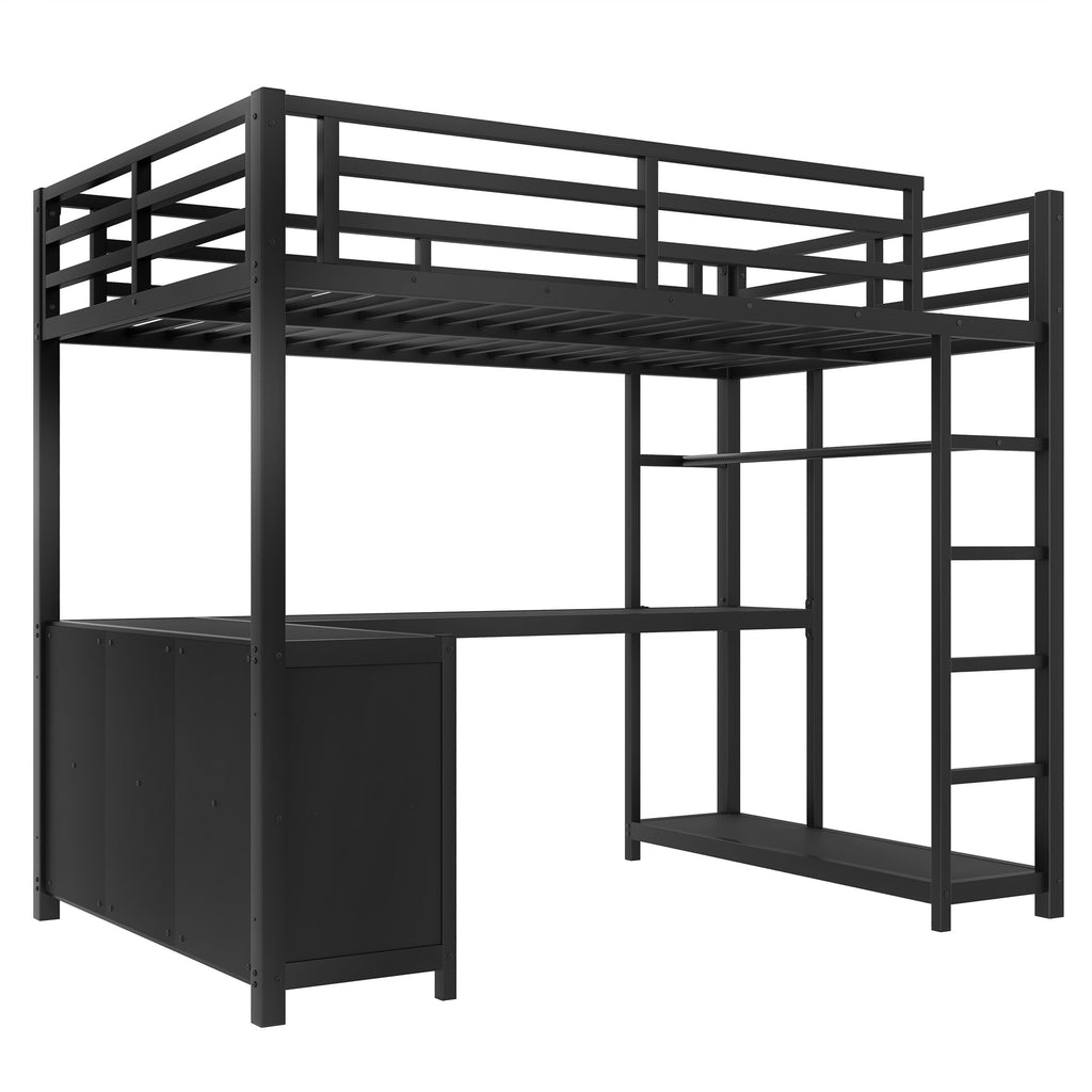 Metal Loft Bed with Wardrobe and L-shaped Desk, Twin Size Loft Bed with Storage Cubes and Shelves, Loft Bed for Kids Teens Adults, Black