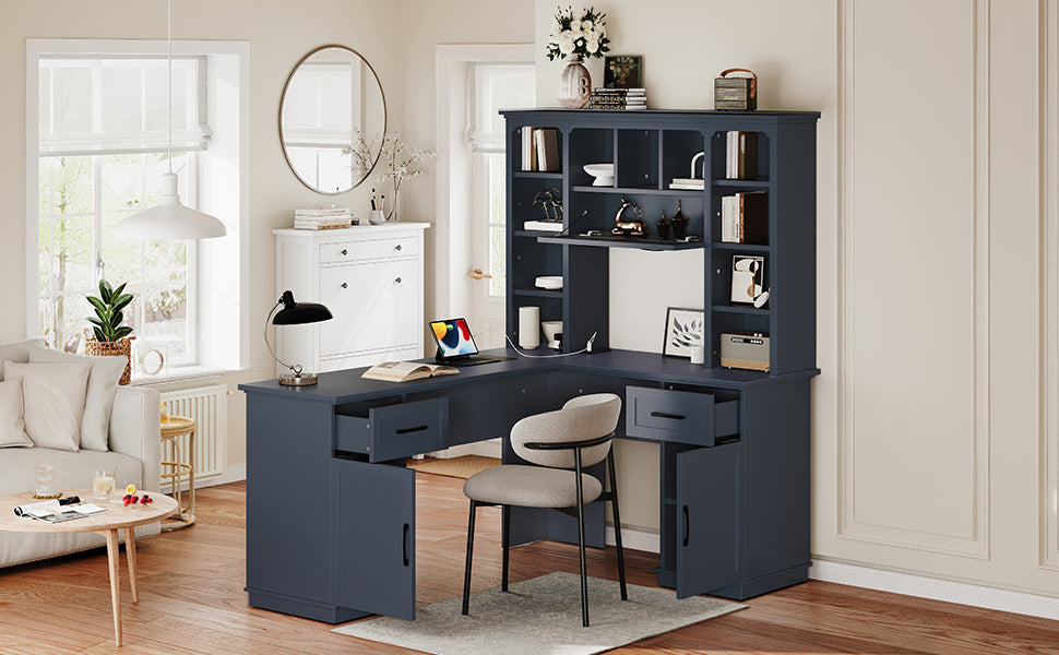 L-Shaped Computer Desk with 2 Cabinets and 2 Drawers, 11 Open Shelves, with Power Outlet, for Study, Living Room and Office, Antique Blue