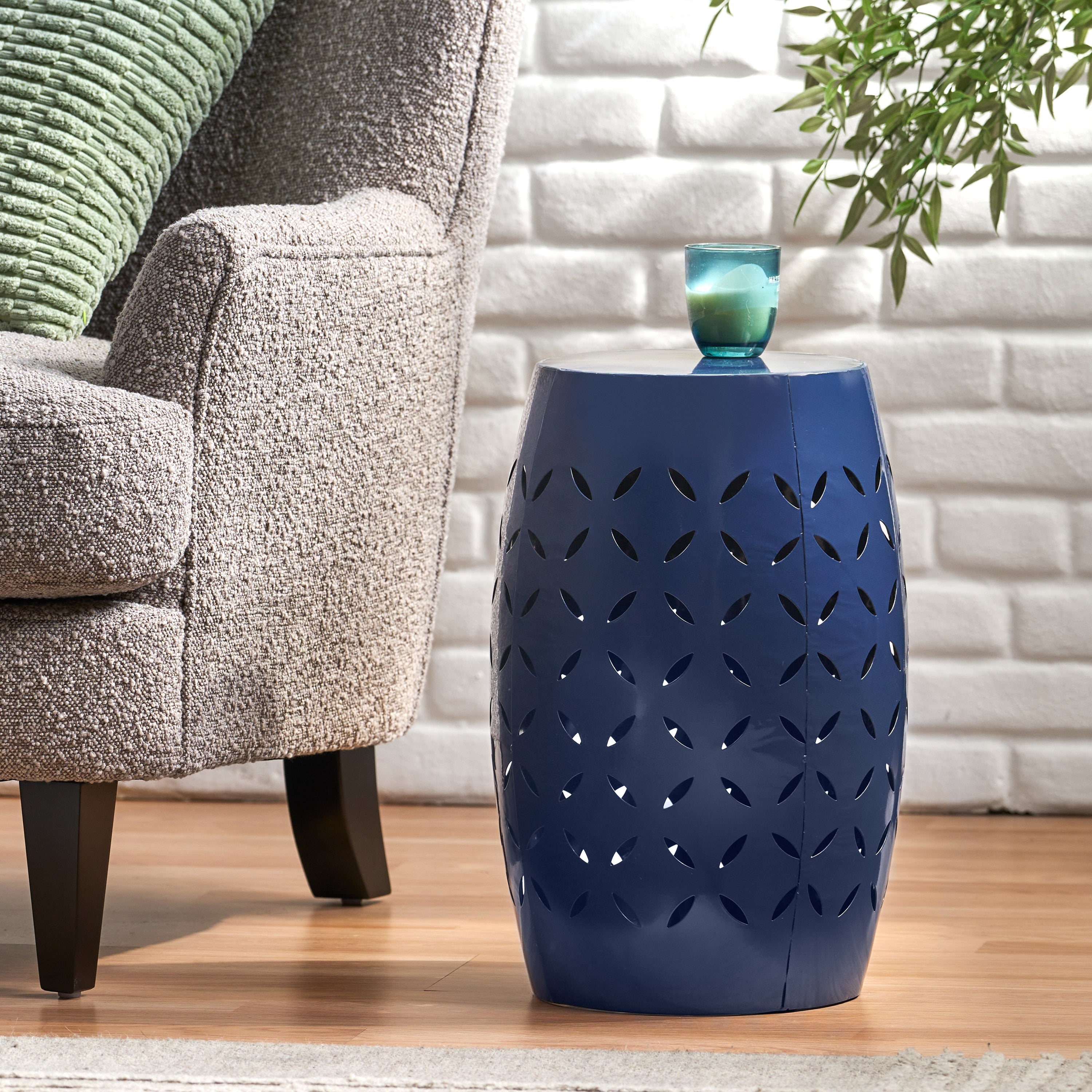 12' Outdoor Lace-Cut Side Table, Navy Blue