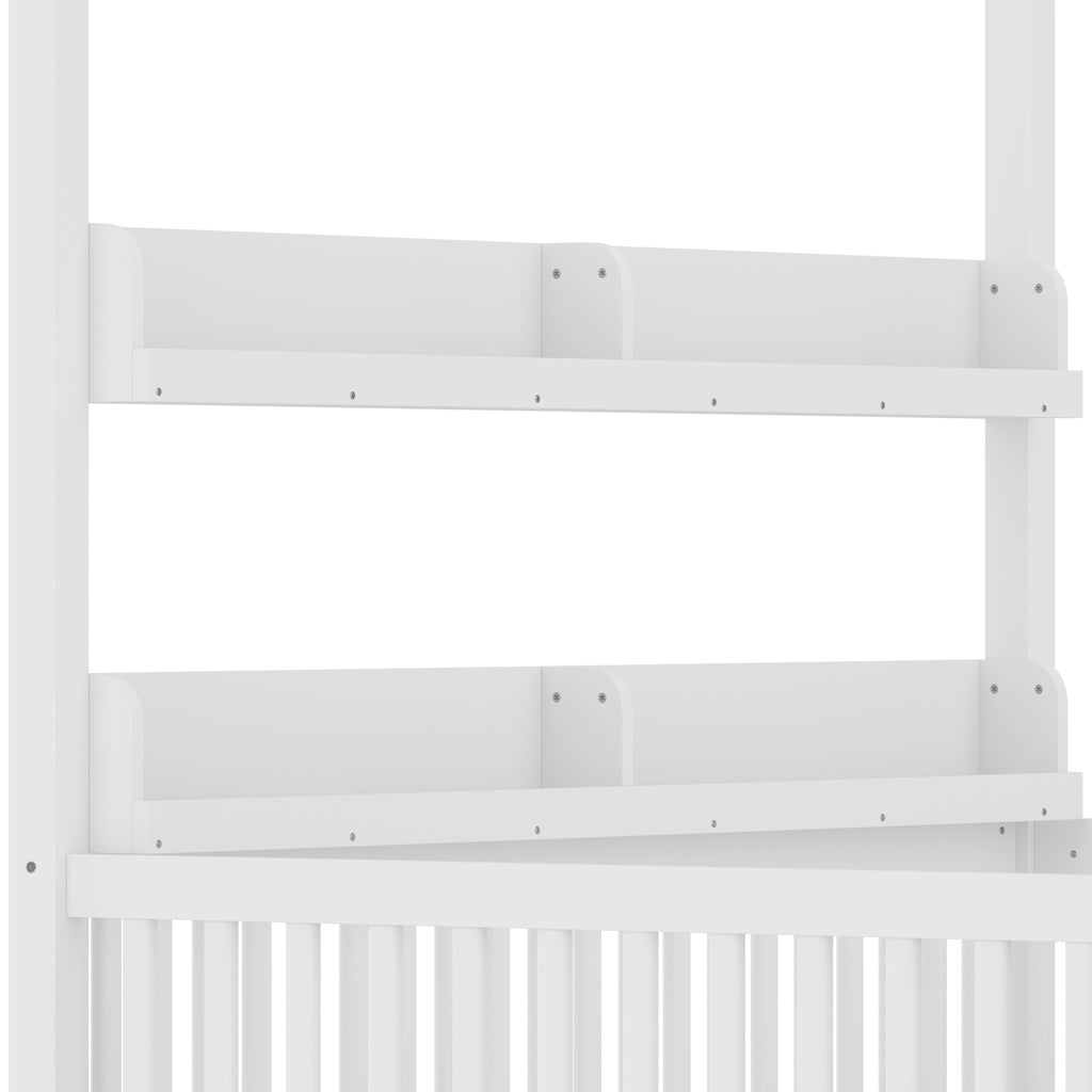 Full Size Canopy Bed with Guardrails, Solid Wood Floor Bed with Shelves, Montessori Floor Bed Frame for Kids, Boys, Girls, No Spring Box Needed, White