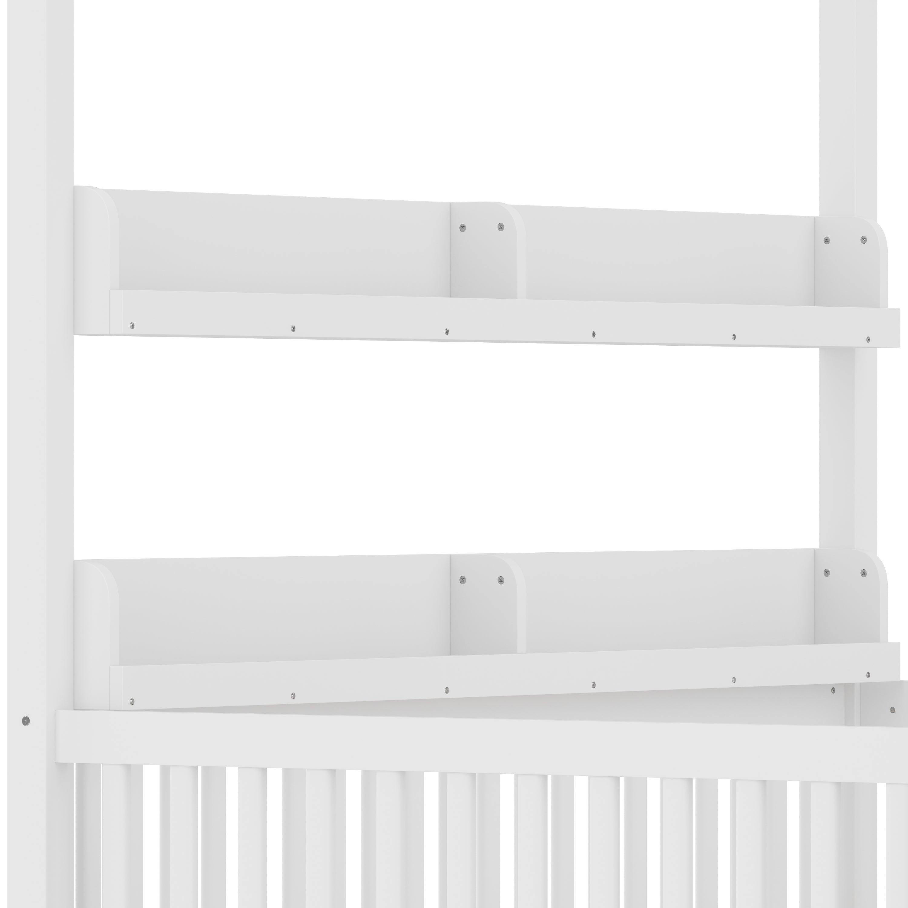 Full Size Canopy Bed with Guardrails, Solid Wood Floor Bed with Shelves, Montessori Floor Bed Frame for Kids, Boys, Girls, No Spring Box Needed, White