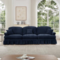 Elegant Mid Century Large 3 Seater Sofa Couch with Flared Arms and Removable Ruffles Pleats Skirts and Spindle Legs, Comfy Chenille Three-Seat Sofa for Living Room, Blue