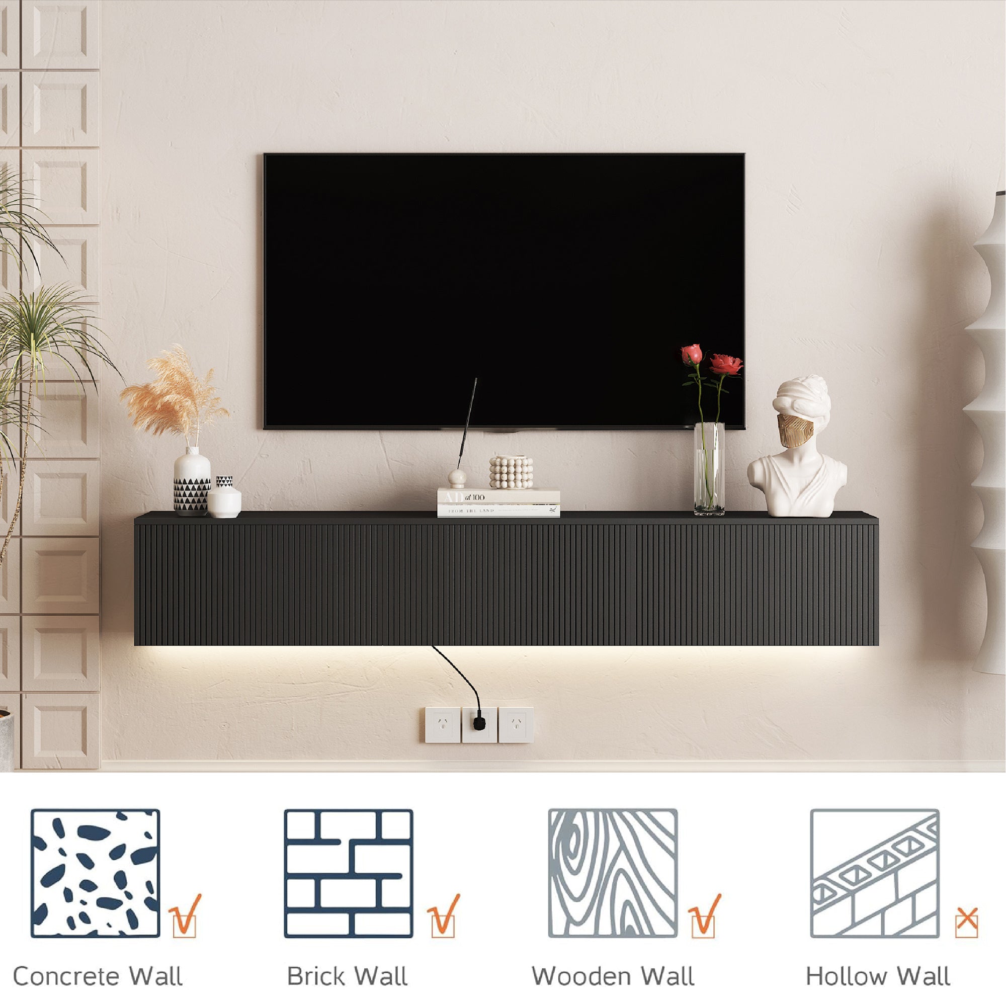 Floating TV Stand Wall Mounted with 16 Color LEDs,69' Modern TV Stand, Floating TV Cabinet Entertainment Center for 55 60 65 Inch TV,Black