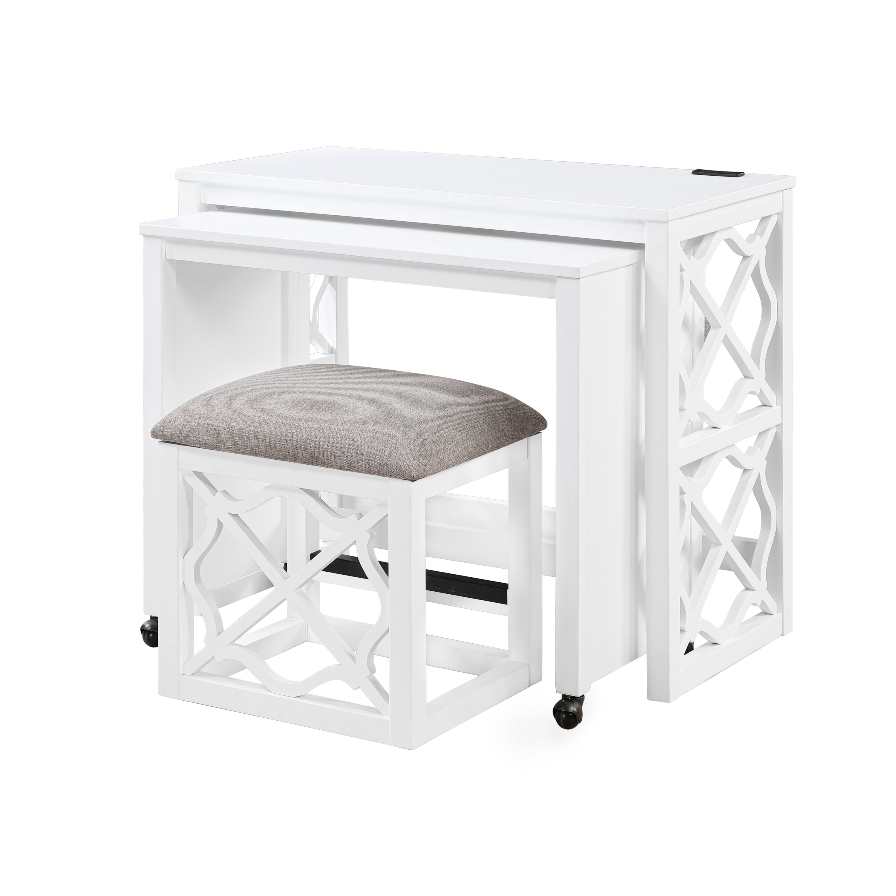 Desks and Stool Set 3pc White Finish Rolling Desk with Casters, 2 Charging ports Home Office Furniture
