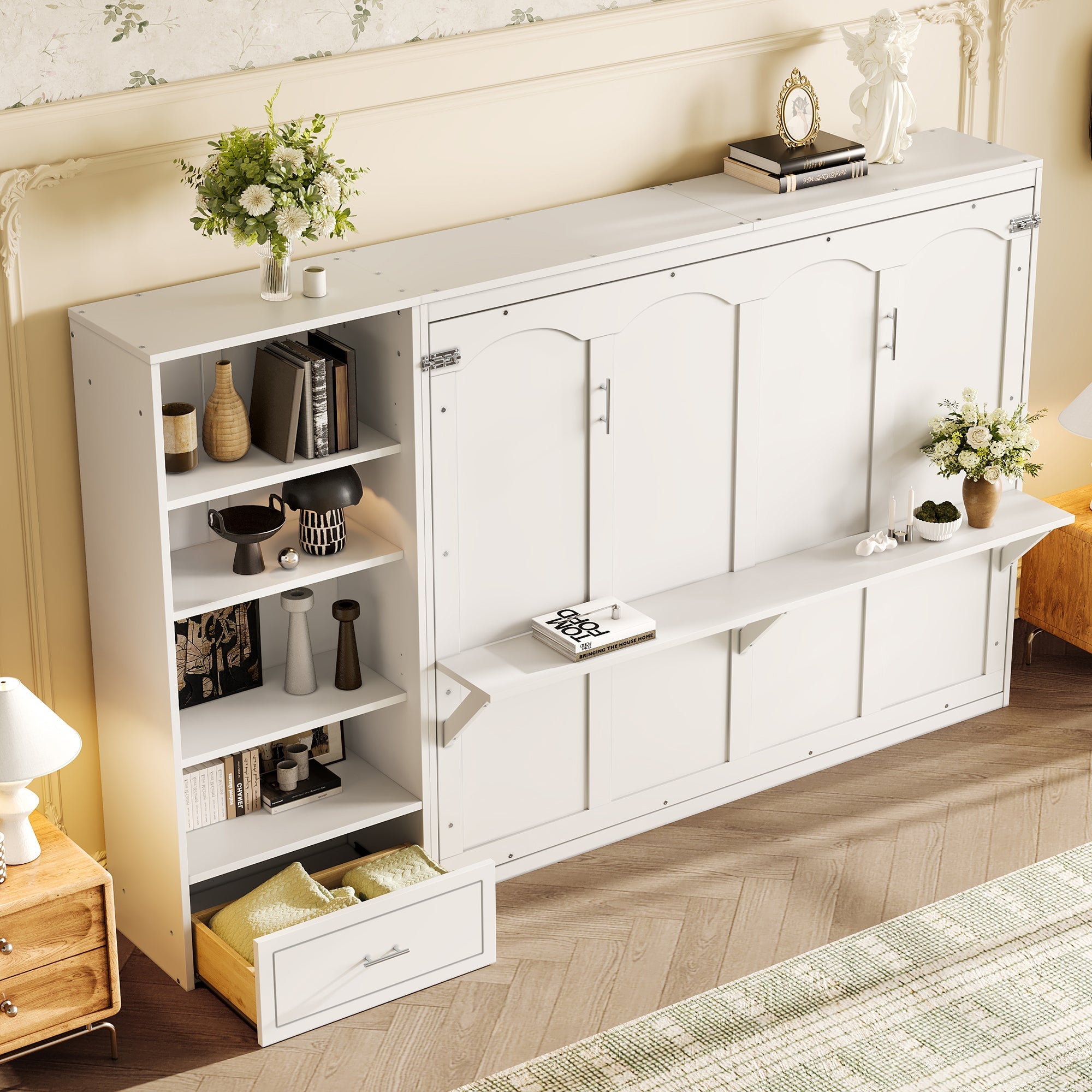 Queen Size Murphy Bed with Height Adjustable Storage Compartments and Shelf, Wall Bed Frame With 1 Drawer, Multifunctional Foldable Platform Bed for Small Space,Bedroom,Guest Room, White