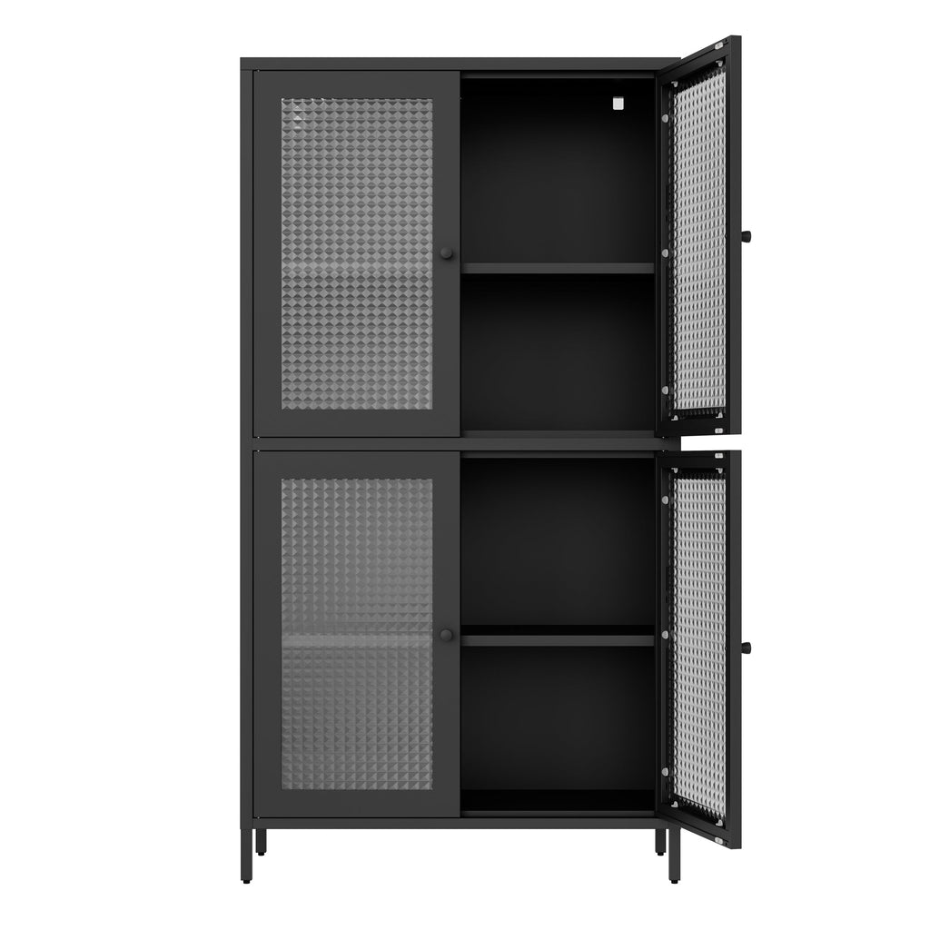 Classic Metal Storage Cabinet Display Cabinet with 4 Glass Doors 4 Shelves Cabinet  Bookcase Side Cabinet for Home Office Living Room Kitchen Hallway - Black, Waffle Grids Tempered Glass