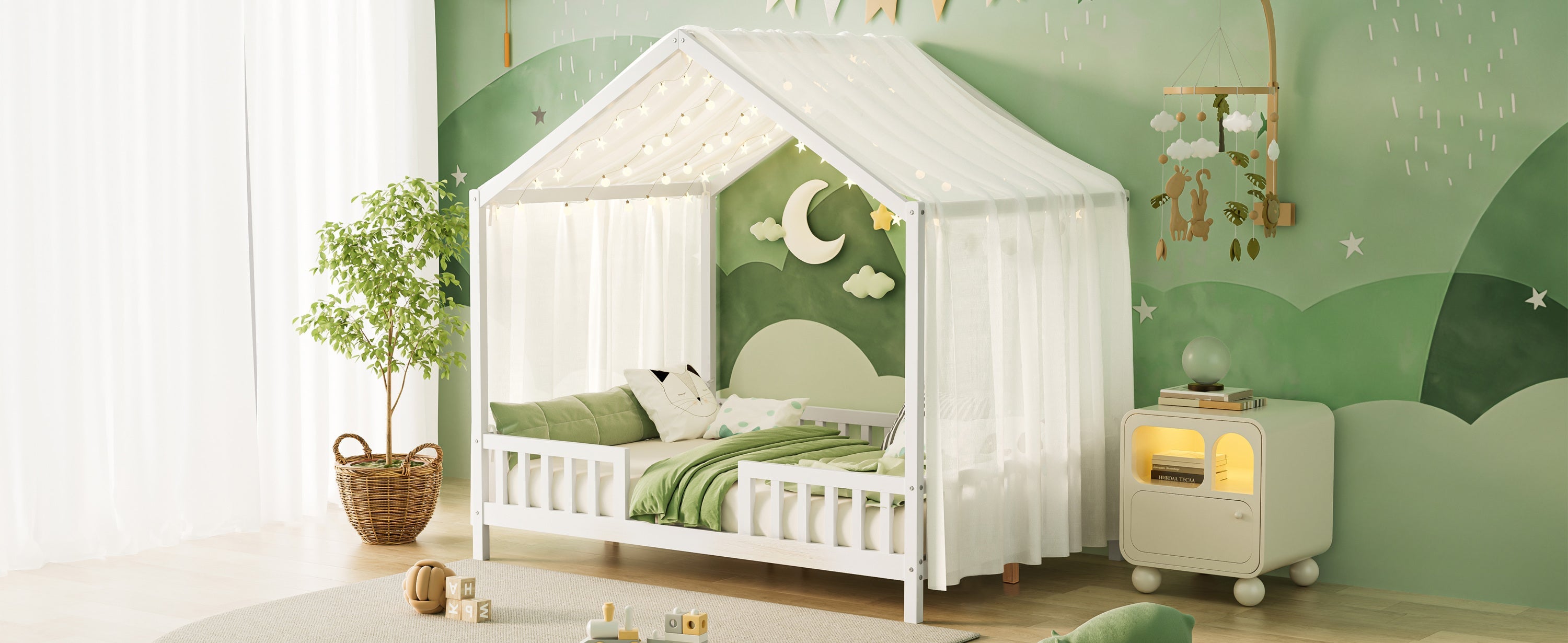 Montessori Floor Bed with Canopy, Full Bed Frame for Kids, House Shape Kids Bed Frame with High Railings, Wood Kids Bed with Roof, Kid Full Bed, White