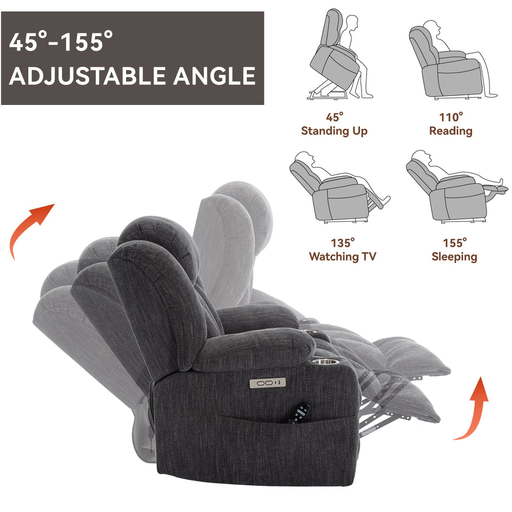 Up to 350 LBS Chenille Power Lift Recliner Chair, Heavy Duty Motion Mechanism with 8-Point Vibration Massage and Lumbar Heating, USB and Type-C Ports, Stainless Steel Cup Holders, Grey