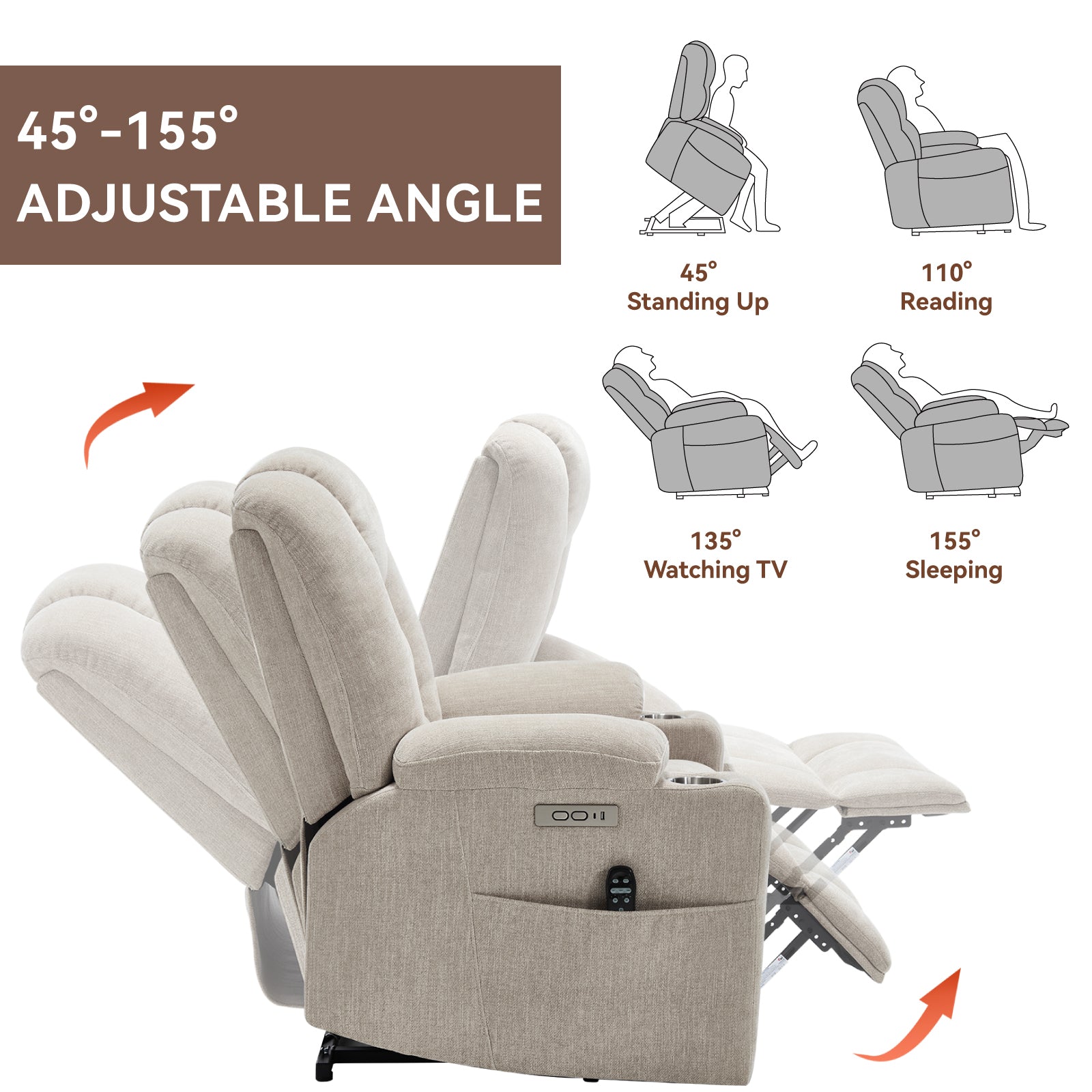 Power Lift Recliner Chair with Massage and Heat for Elderly, Overstuffed Wide Recliners, Heavy Duty Motion Mechanism with USB and Type C Ports, 2 Steel Cup Holders, Beige