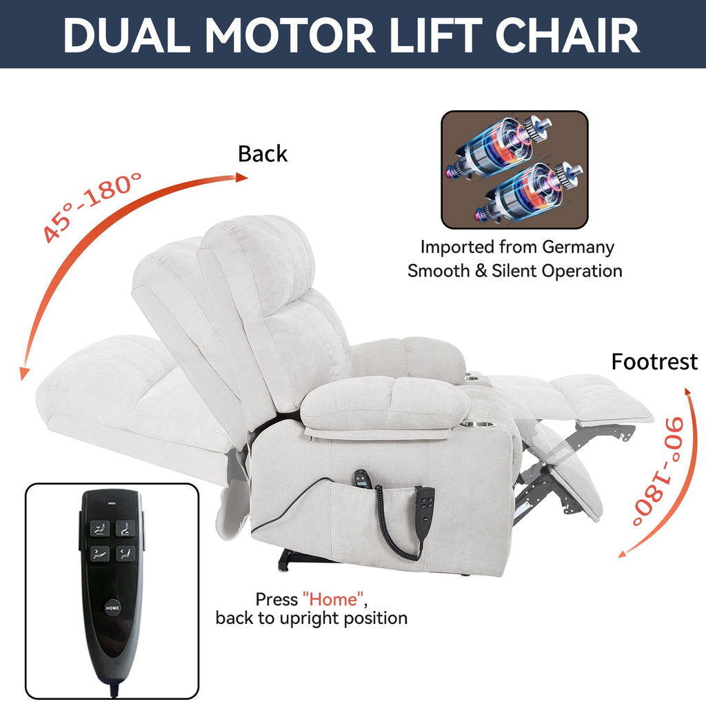 Beige Dual Motor Infinite Position Up to 350 LBS Chenille Power Lift Recliner Chair, Heavy Duty Motion Mechanism with 8-Point Vibration Massage and Lumbar Heating, Dual Cup Holders