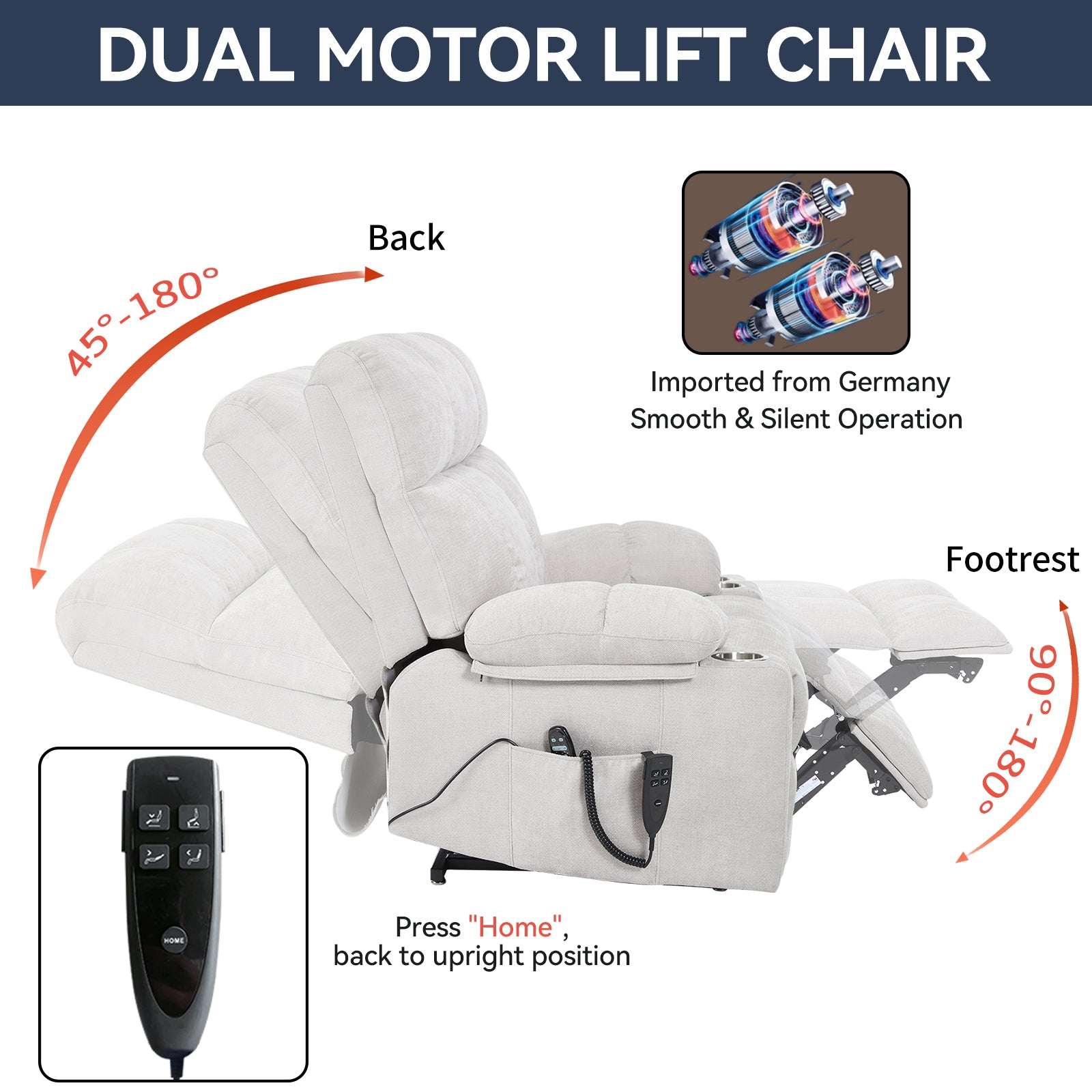 Beige Dual Motor Infinite Position Up to 350 LBS Chenille Power Lift Recliner Chair, Heavy Duty Motion Mechanism with 8-Point Vibration Massage and Lumbar Heating, Dual Cup Holders