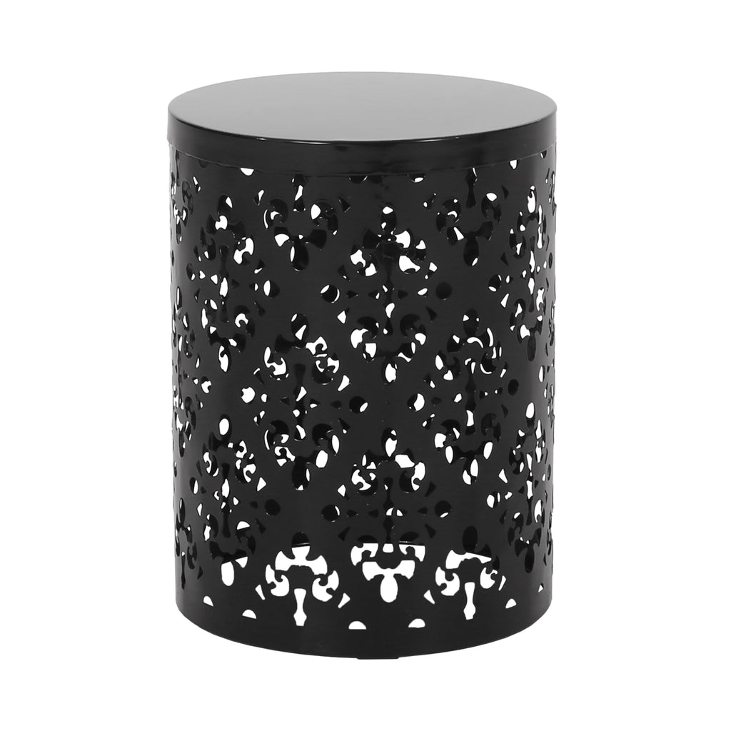 Modern Cylindrical Outdoor Metal End Table with Floral Iron Cut Design, Black, 13.78 x 13.78 x 17.91 inches