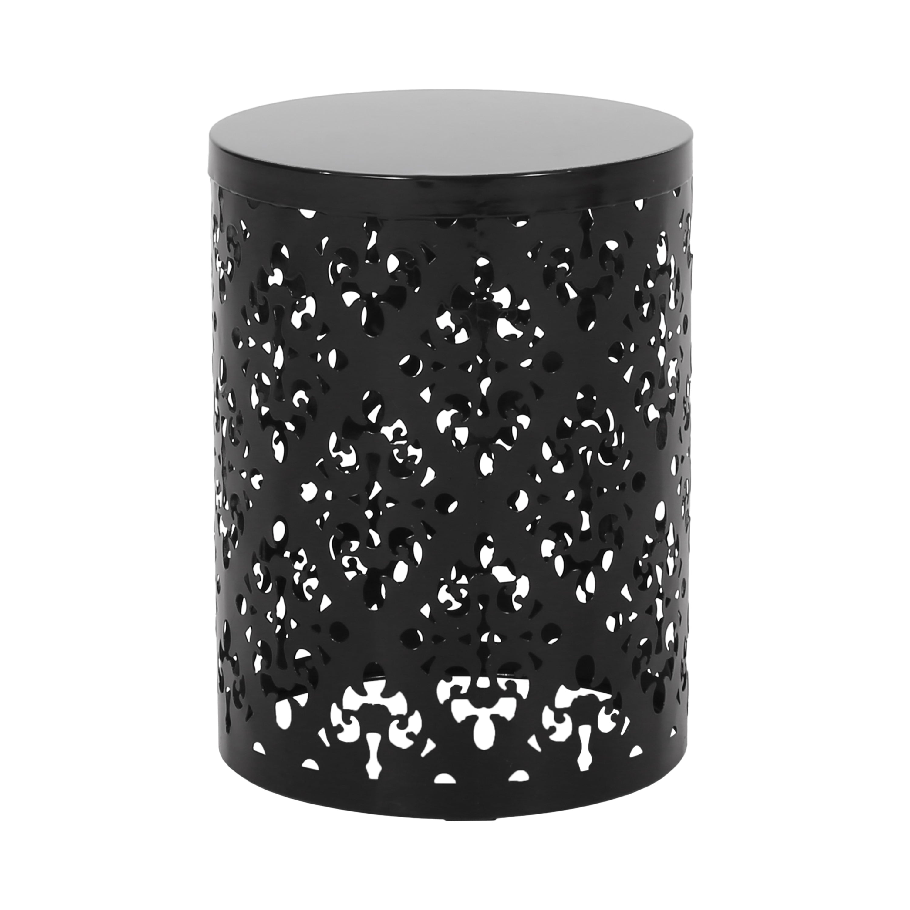 Modern Cylindrical Outdoor Metal End Table with Floral Iron Cut Design, Black, 13.78 x 13.78 x 17.91 inches