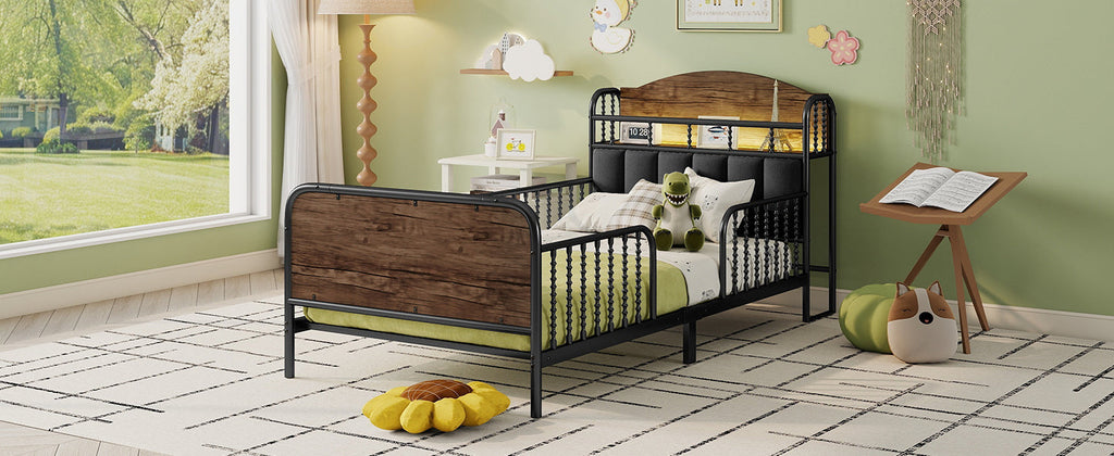 Twin Size Metal Platform Bed Frame with Light, Kids Twin Metal Bed with Upholstered and Storage Headboard, Black (Expect Arrival Date 2025/10/5)