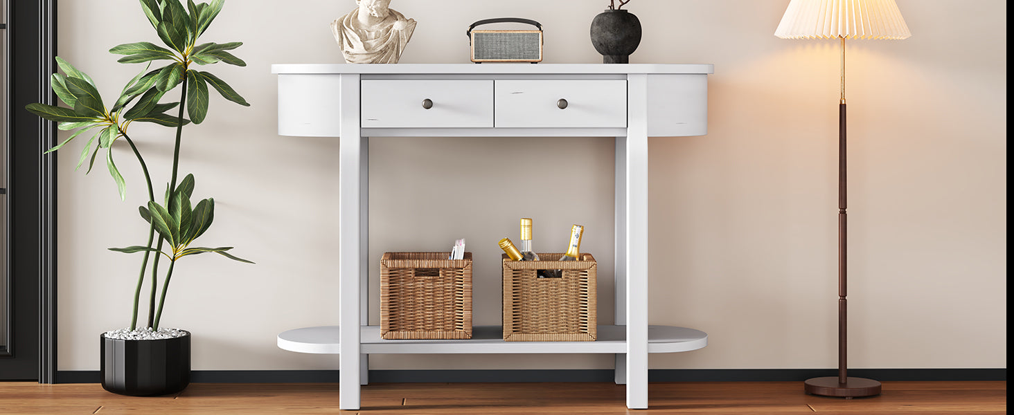 TREXM Elegant Retro Console Table with Curved Design and Smooth Glaze for Entryways, Living Rooms and hallways (Antique White)