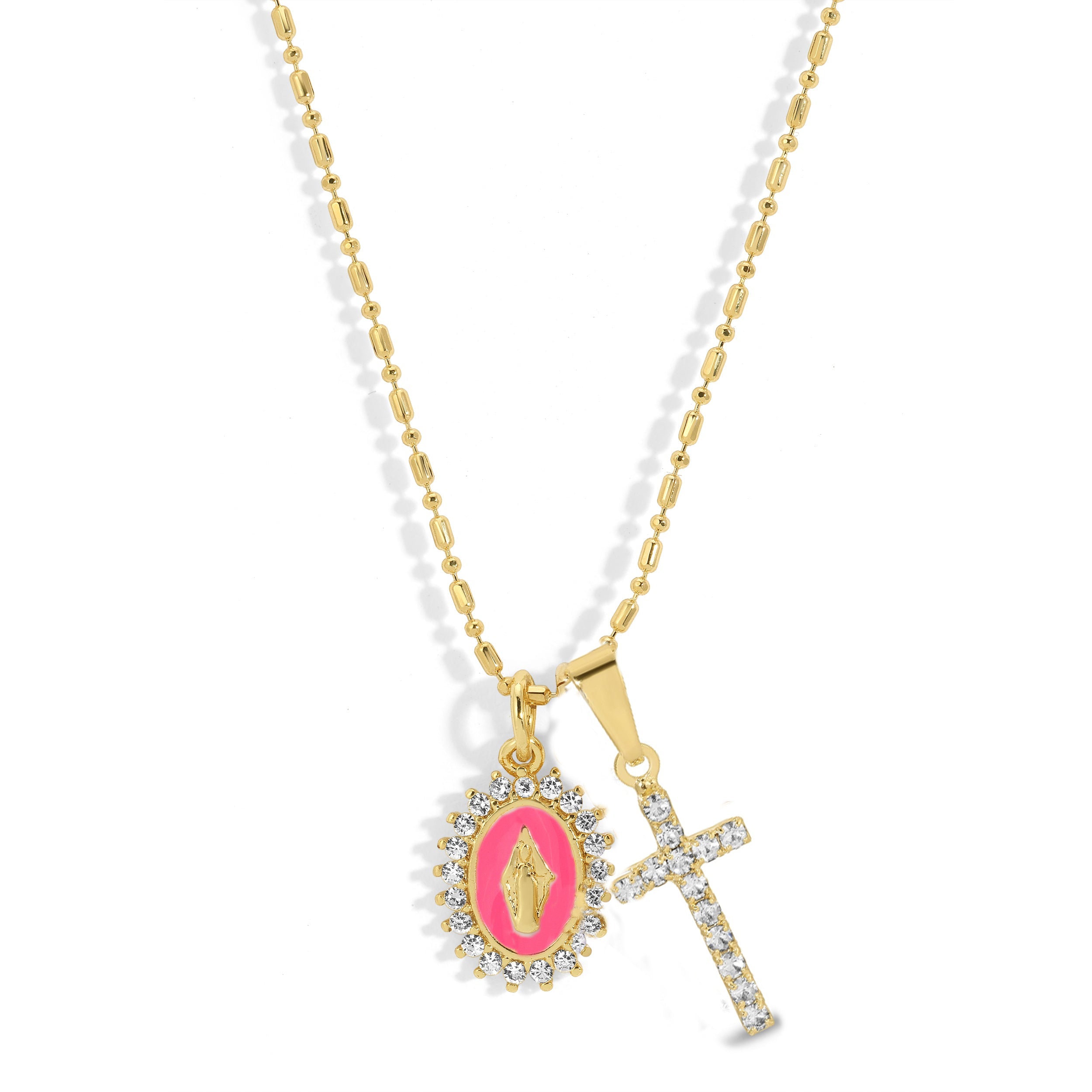 Pink Virgin Maria Multi-Charm Necklace